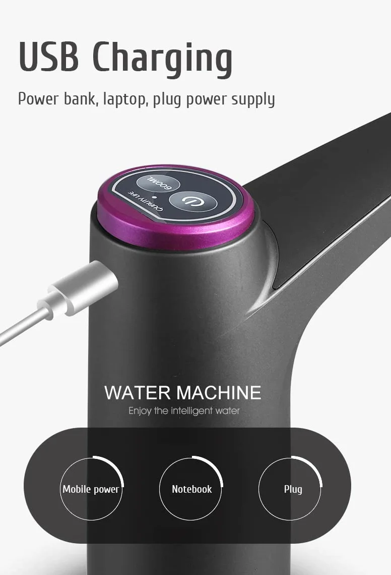 Elektryczna pompa wody beczkowej, inteligentne ładowanie przez USB, automatyczny dozownik do wody oczyszczonej pod ciśnieniem. Łatwa do uniwersalnych butelek 3-5 galonów (18,5 l)