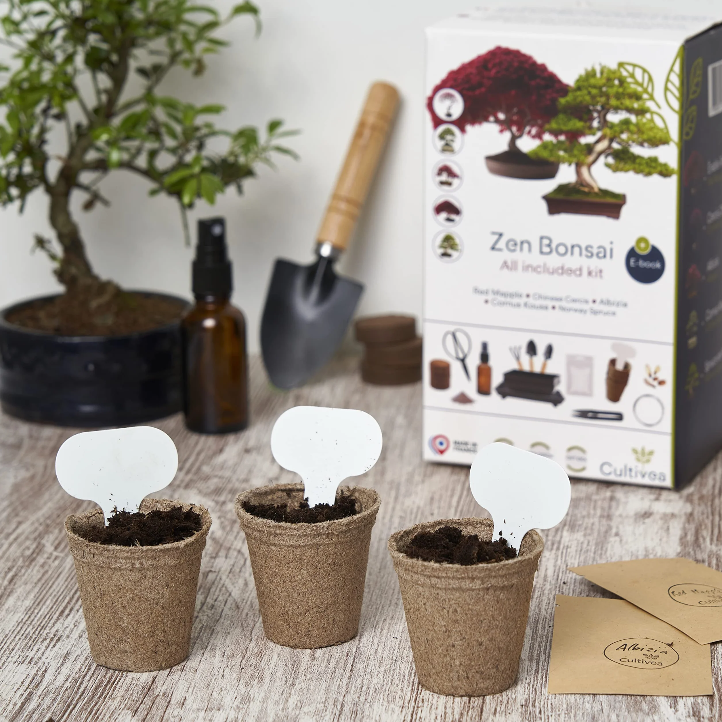 CULTIVEA® Gotowy do uprawy zestaw bonsai premium - ogród i dekoracja - pielęgnacja bonsai i naturalnych roślin - nić, nawóz, narzędzia, okrągłe nożyczki, małe nożyczki bonsai - oryginalny pomysł na