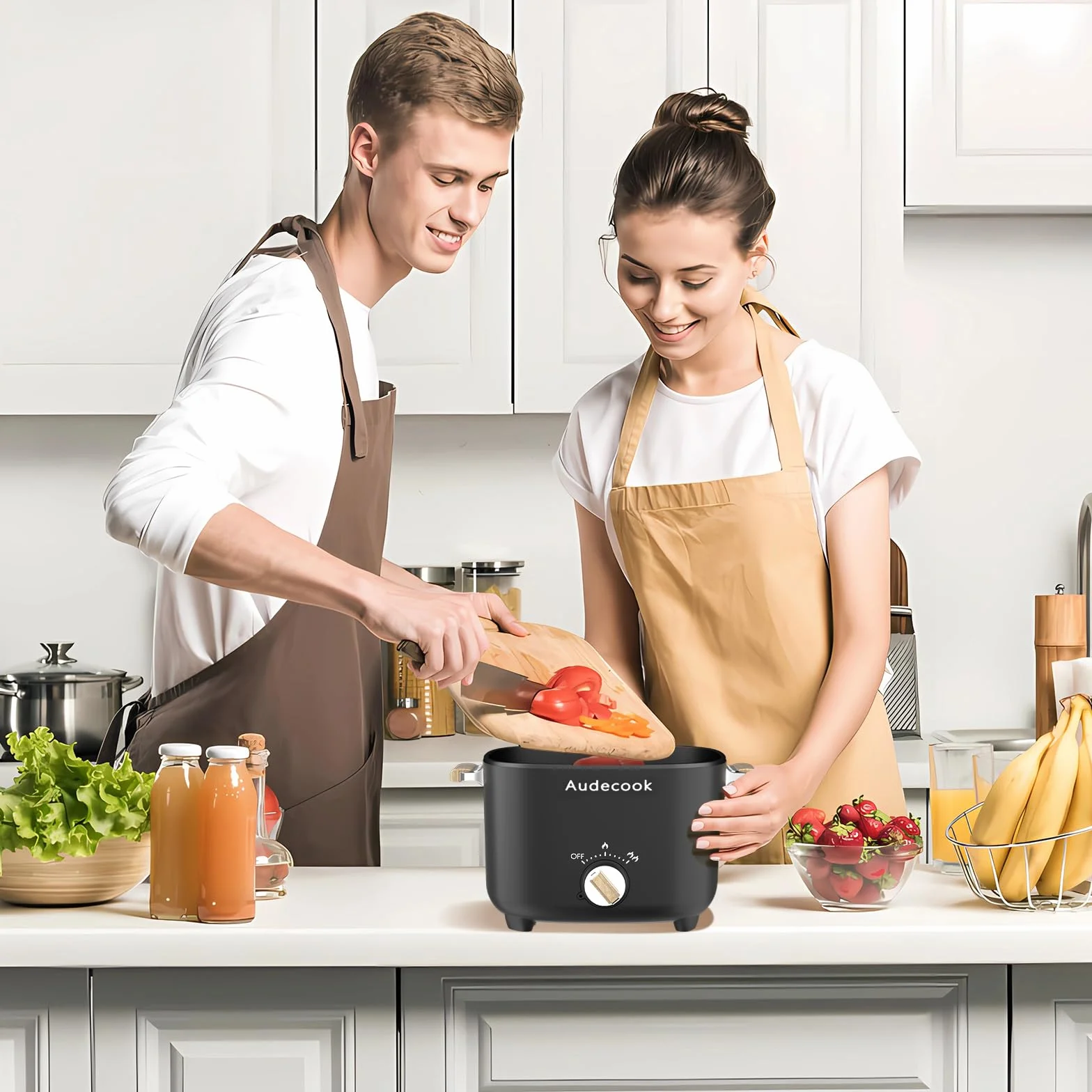 Audecook Elektryczny garnek do gotowania na gorąco, pojemność 2,5 l, przenośna kuchenka wielofunkcyjna dla 1-3 osób, powłoka zapobiegająca przywieraniu o strukturze plastra miodu, elektryczny garnek