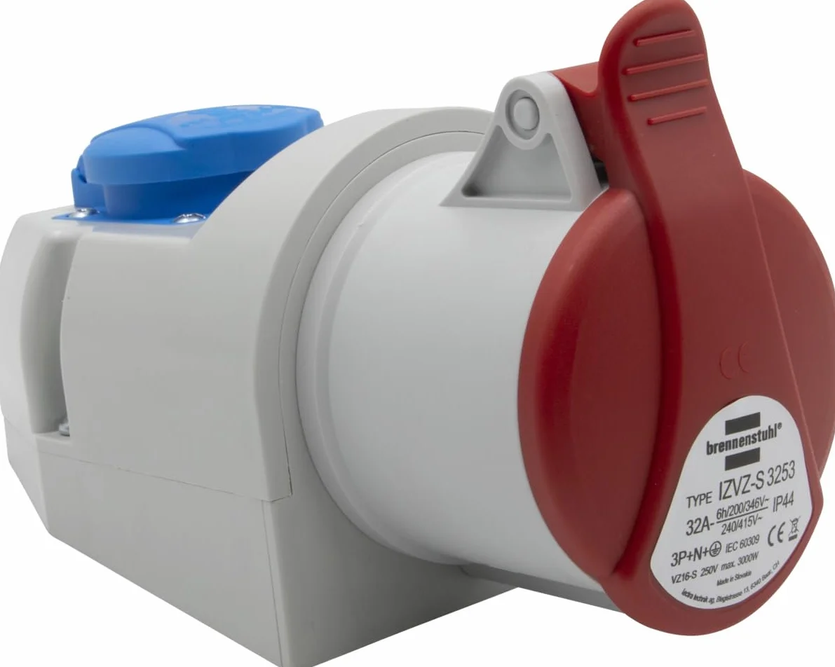 Brennenstuhl Gniazdo elektryczne połączone ze złączem CEE 400V/32A 5 biegunów + gniazdo typu F (Schuko), gniazdo przemysłowe z pokrywką, do użytku wewnętrznego/zewnętrznego, warsztaty, garaż,