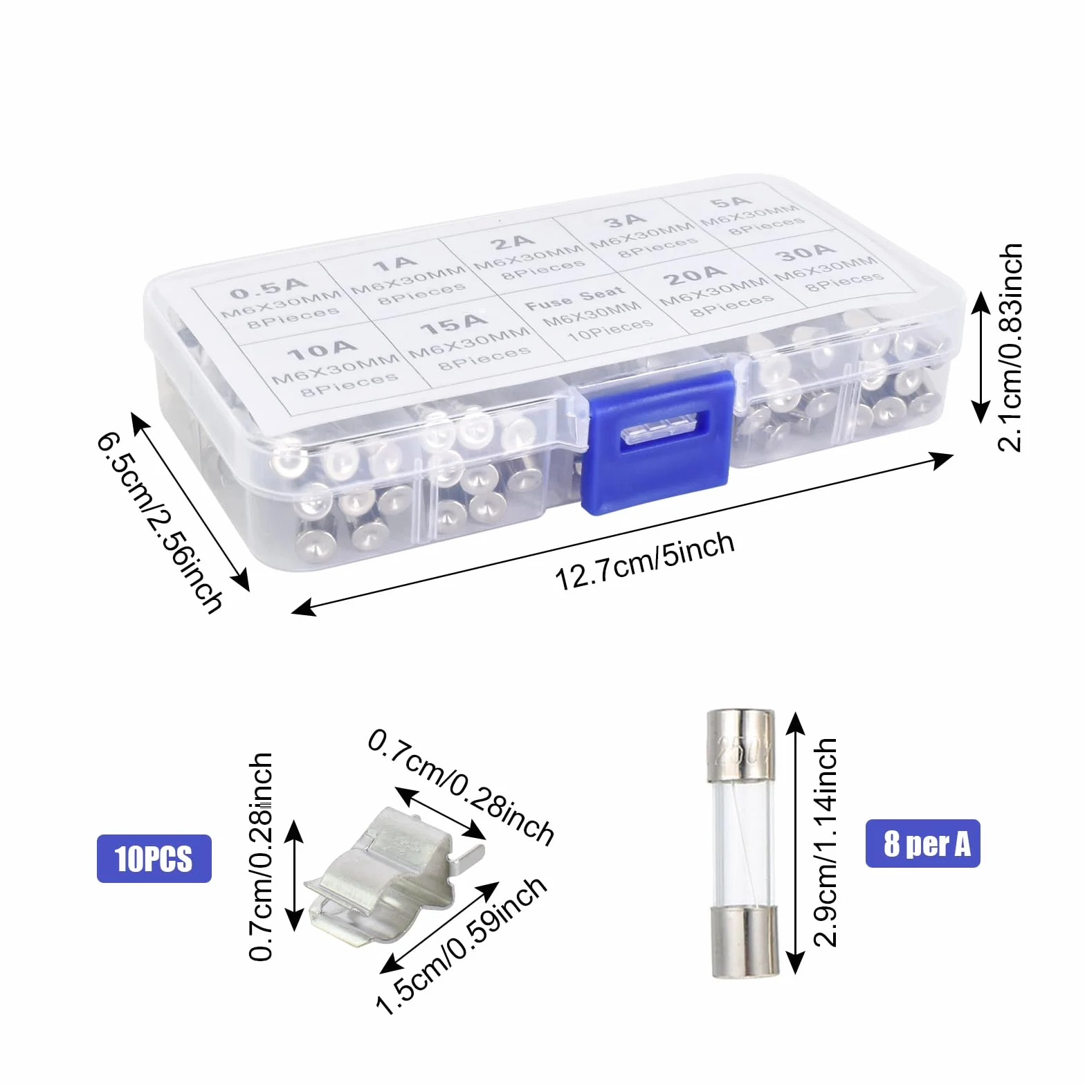 72PCS 9 wartości 6X30mm zestaw bezpieczników szkło szybkie topnienie 250 V 0.5A 1A 2A 3A 5A 10A 15A 20A 30A, z 10 szt. bezpiecznik klip, pakiet w przezroczystym plastikowym pudełku