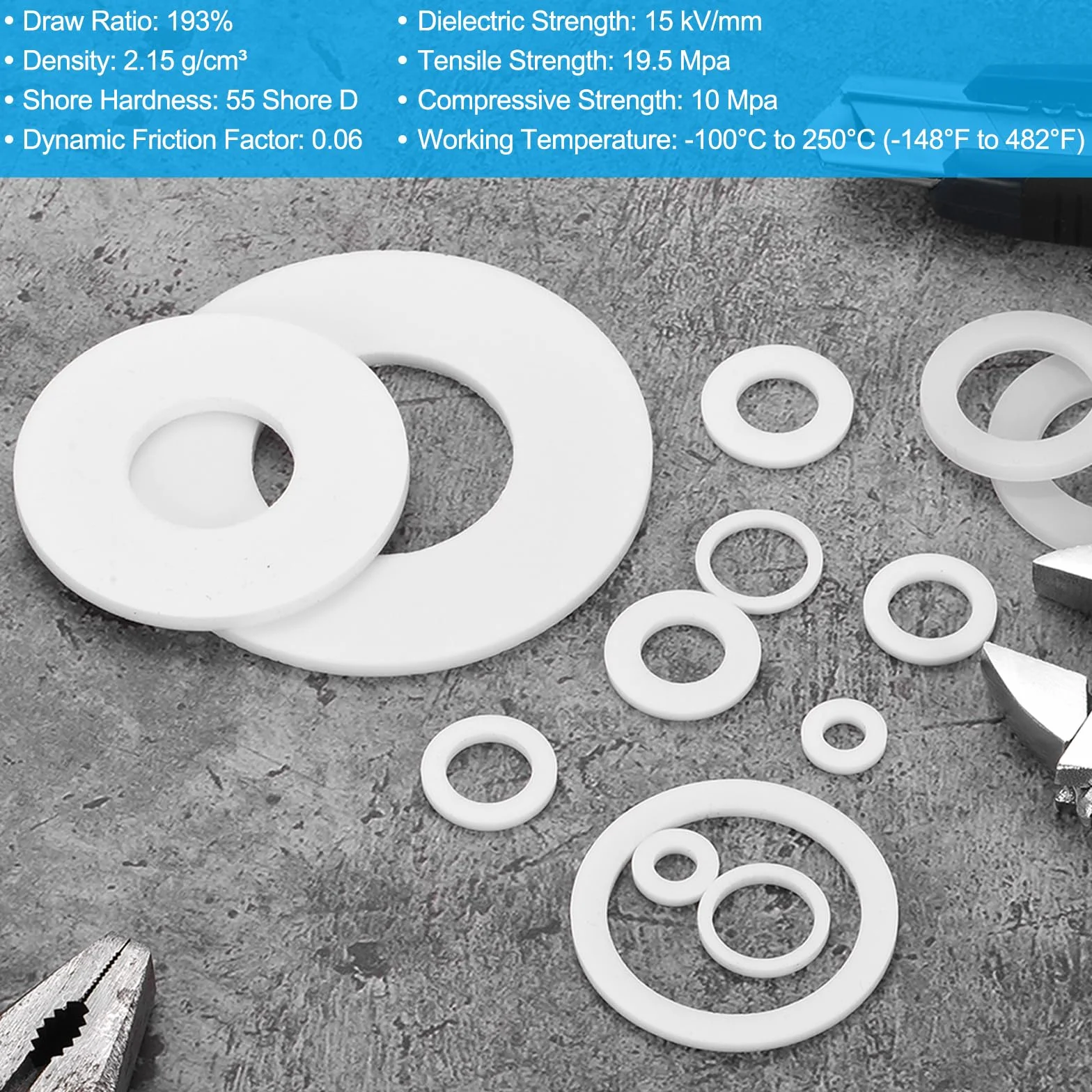 PATIKIL 10 szt. Uszczelki Ptfe płaskie 0,31 ID x 0,71" OD x 0,08" Grubość kołnierza uszczelniającego do maszyn Rury Zawory Przemysł naftowy i gazowy, biały (12x18x2mm)