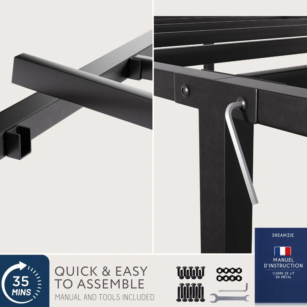 Rama łóżka Dreamzie 140x200 - Łóżko metalowe z zagłówkiem - Wysokość 35 cm - Łatwy montaż i przestrzeń do przechowywania