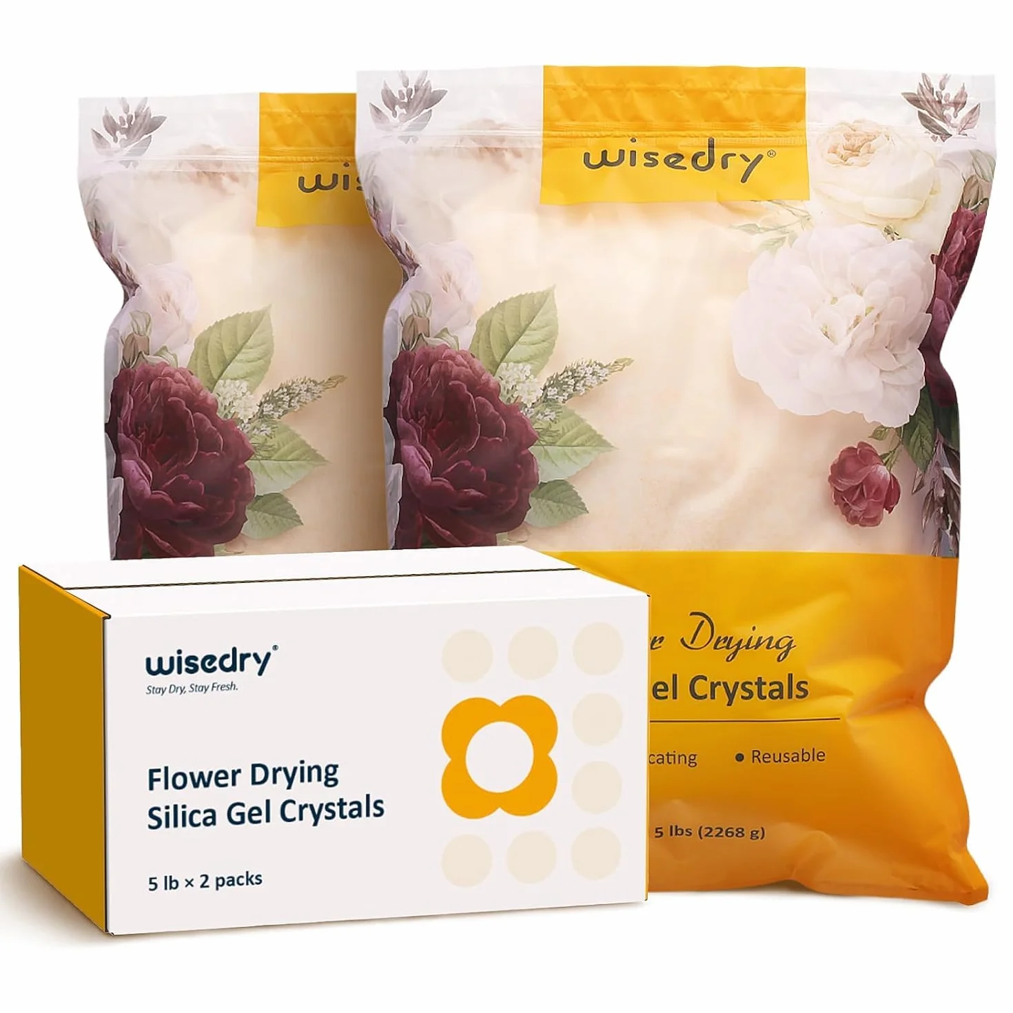 Wisedry Żel krzemionkowy do suszenia kwiatów 4,5 kg, żel krzemionkowy do suszenia kwiatów, 2 opakowania po 2,3 kg każde, z wskaźnikiem, wielokrotnego użytku