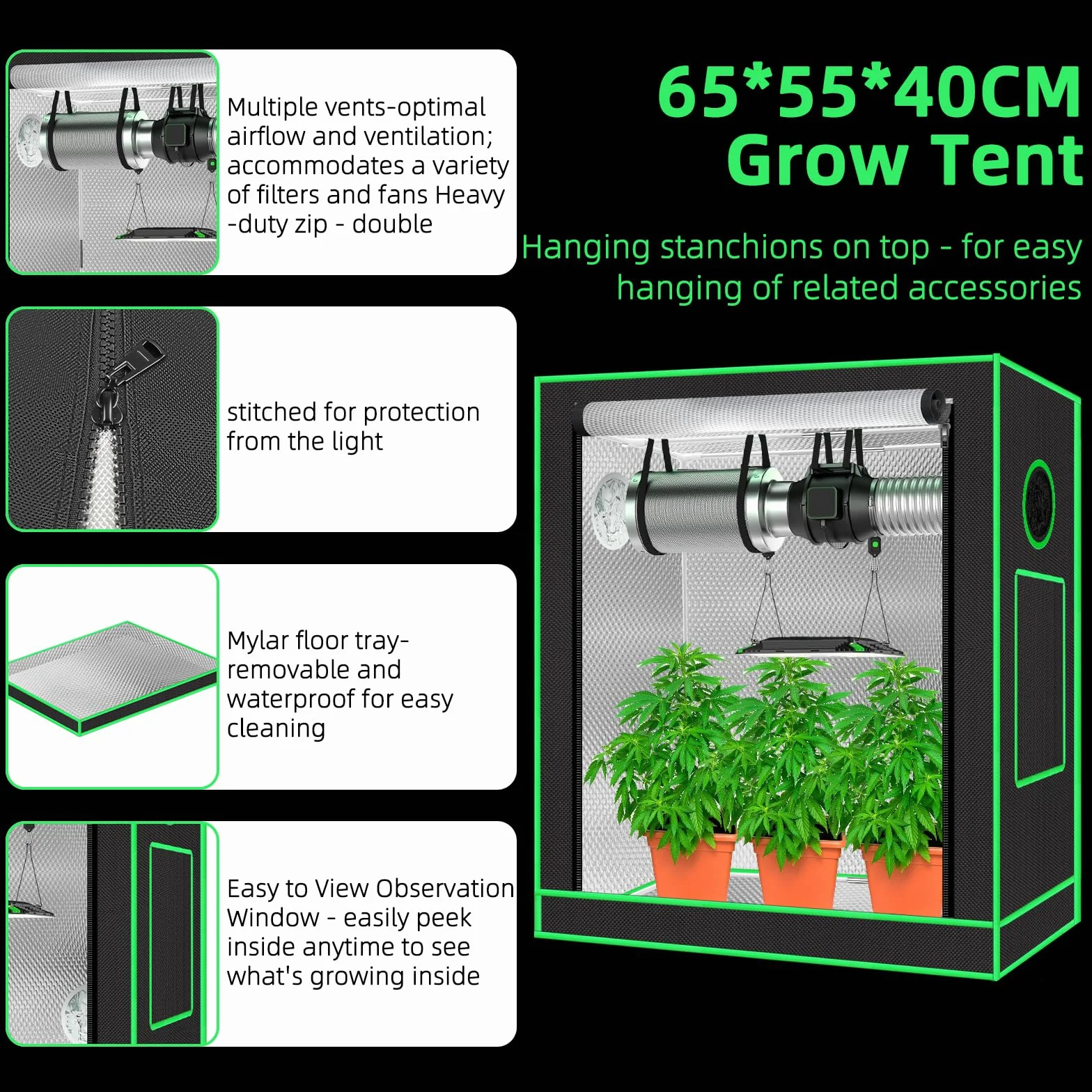 55 x 40 x 65 cm Grow Tent z okienkiem obserwacyjnym, wanną podłogową, oknem wentylacyjnym i przepustem kablowym (czarny, poliester)