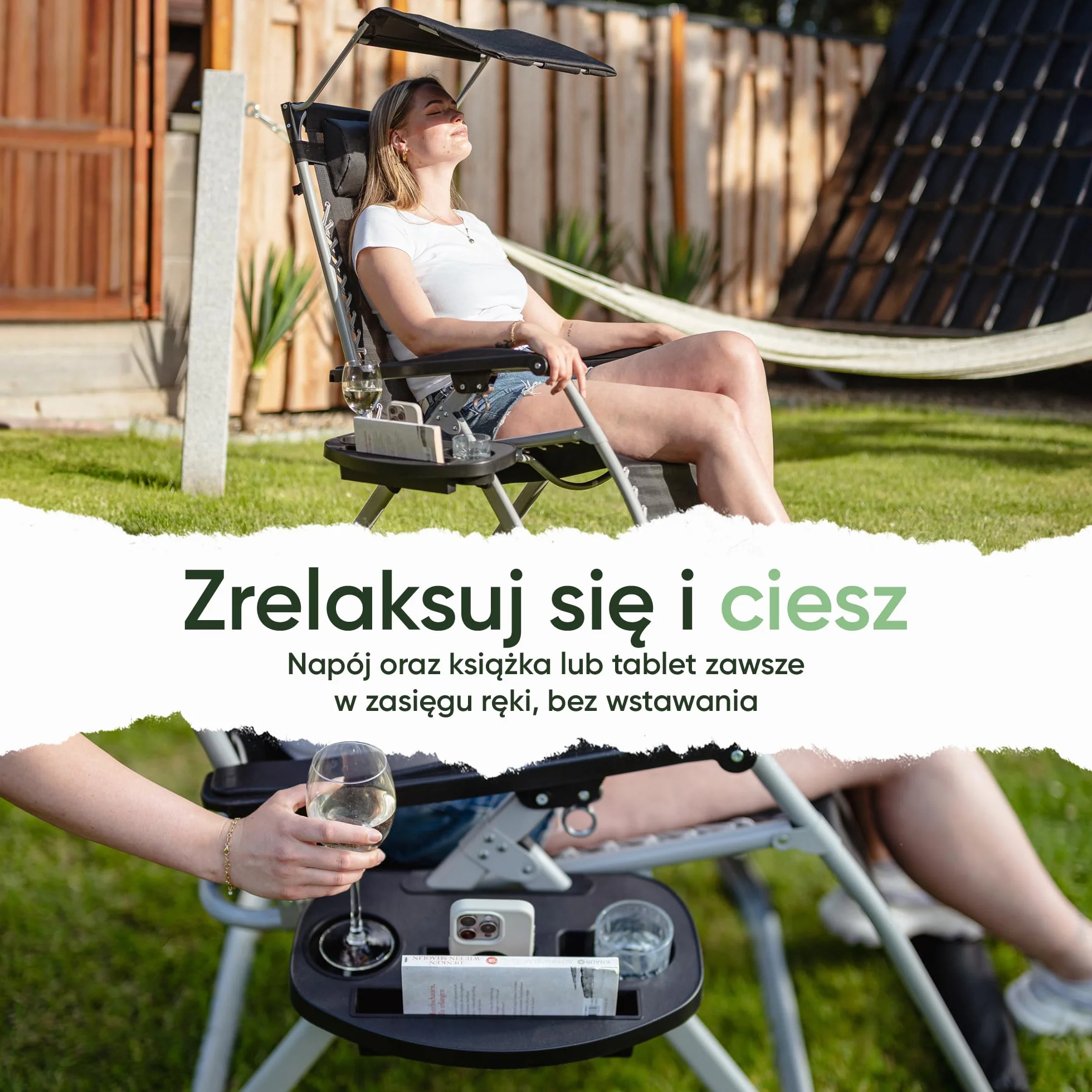 NatureLiving® Składany Leżak Ogrodowy – Solidny, Składany i Odporny na Warunki Atmosferyczne – Leżak z Daszkiem do Ogrodu i na Balkon, Leżak Outdoor Relax, Udźwig do 200 kg (czarny)