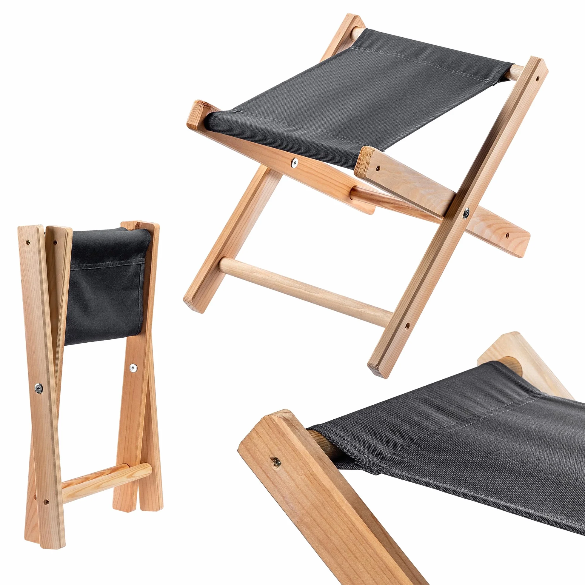 KADAX Taboret składany drewniany 31x31cm czarny, udźwig 100 kg, stabilna konstrukcja, do ogrodu, balkonu, tarasu i na kemping