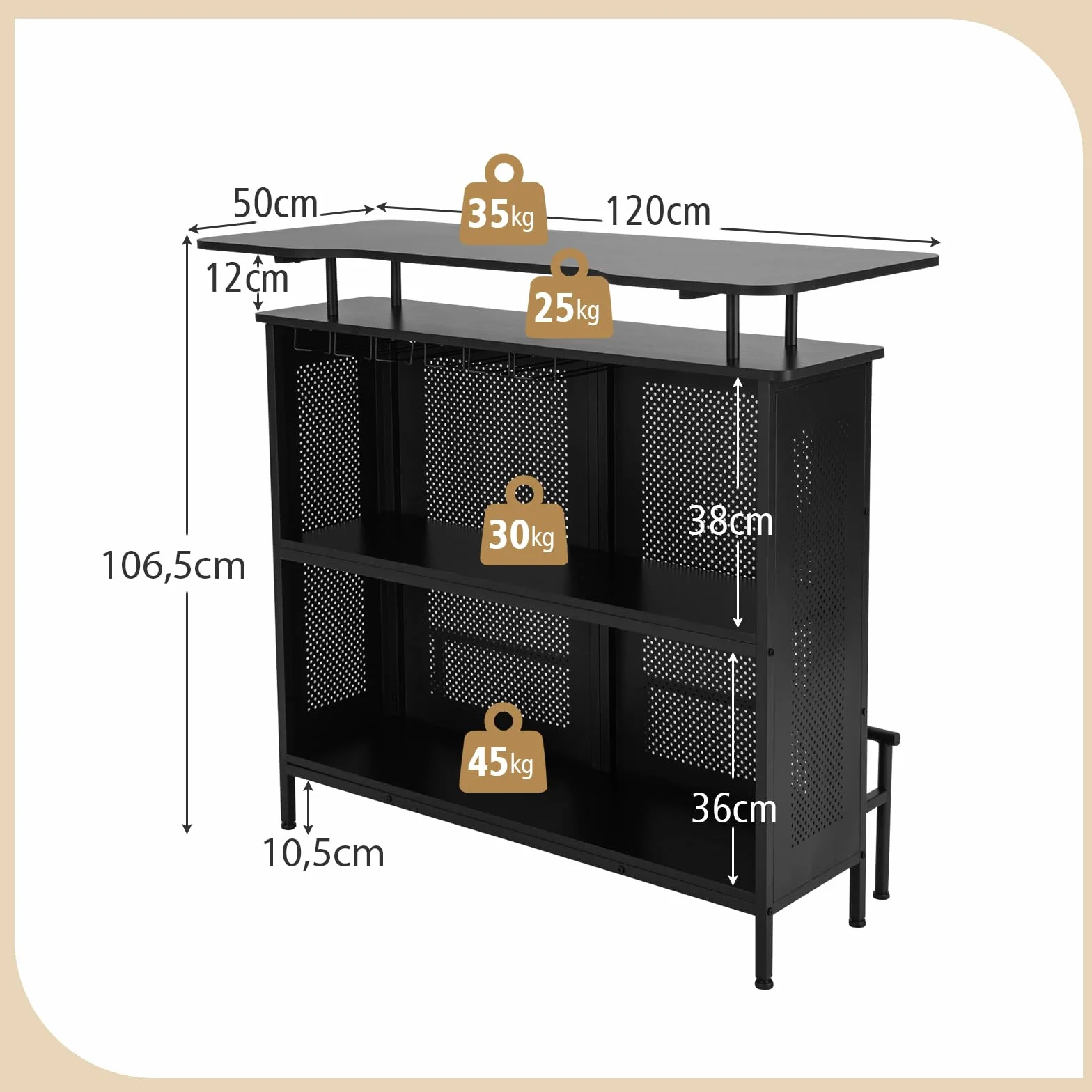 COSTWAY Stół barowy do kuchni, blat kuchenny z miejscem do przechowywania i podnóżkiem, blat z metalową ramą, regulowane nóżki, 120 x 50 x 106,5 cm, czarny, prostokątny