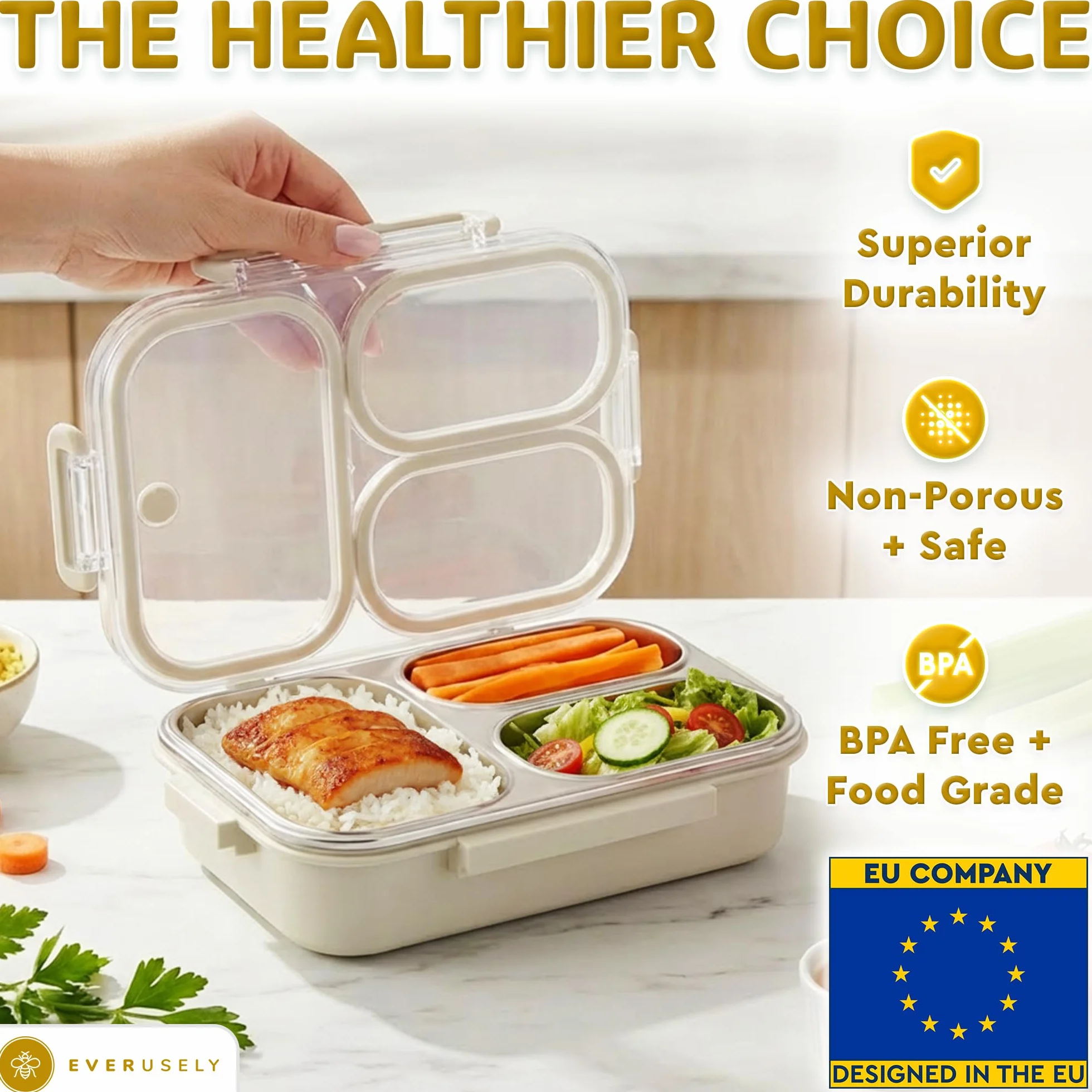 Stainless Steel Bento Lunchbox - 750 mL - Leakproof Metal Lunch Box with 3 Compartments - Premium Sectional Snack Container with Clear Lid - by Everusely