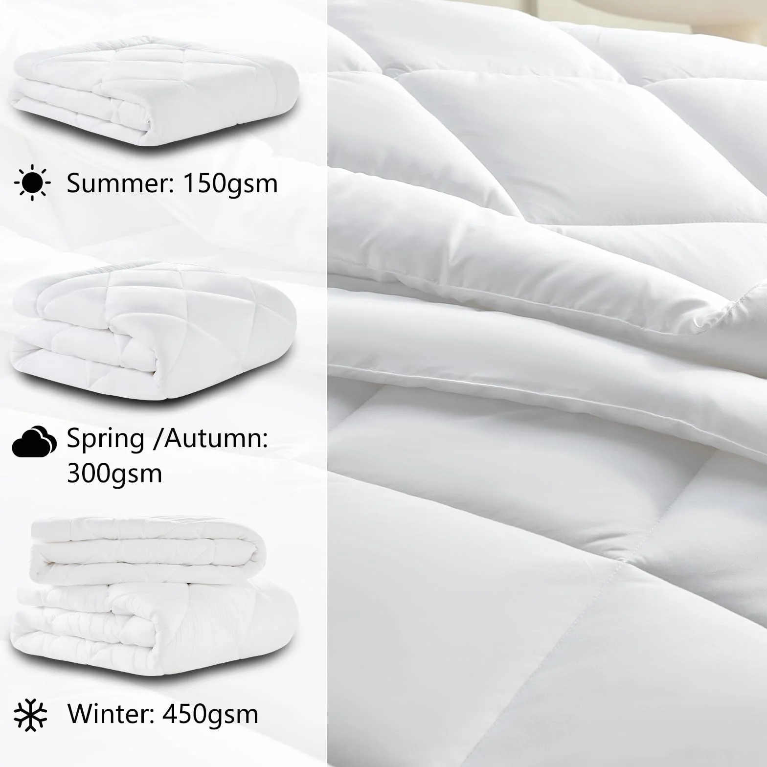 CozyLux Kołdra 260 x 240 4 pory roku 3 w 1 (150 g/m² + 300 g/m²= 450 g/m²) Lekka kołdra + połowa sezonu = ciepła zima z zatrzaskami, 240 x 260 biały