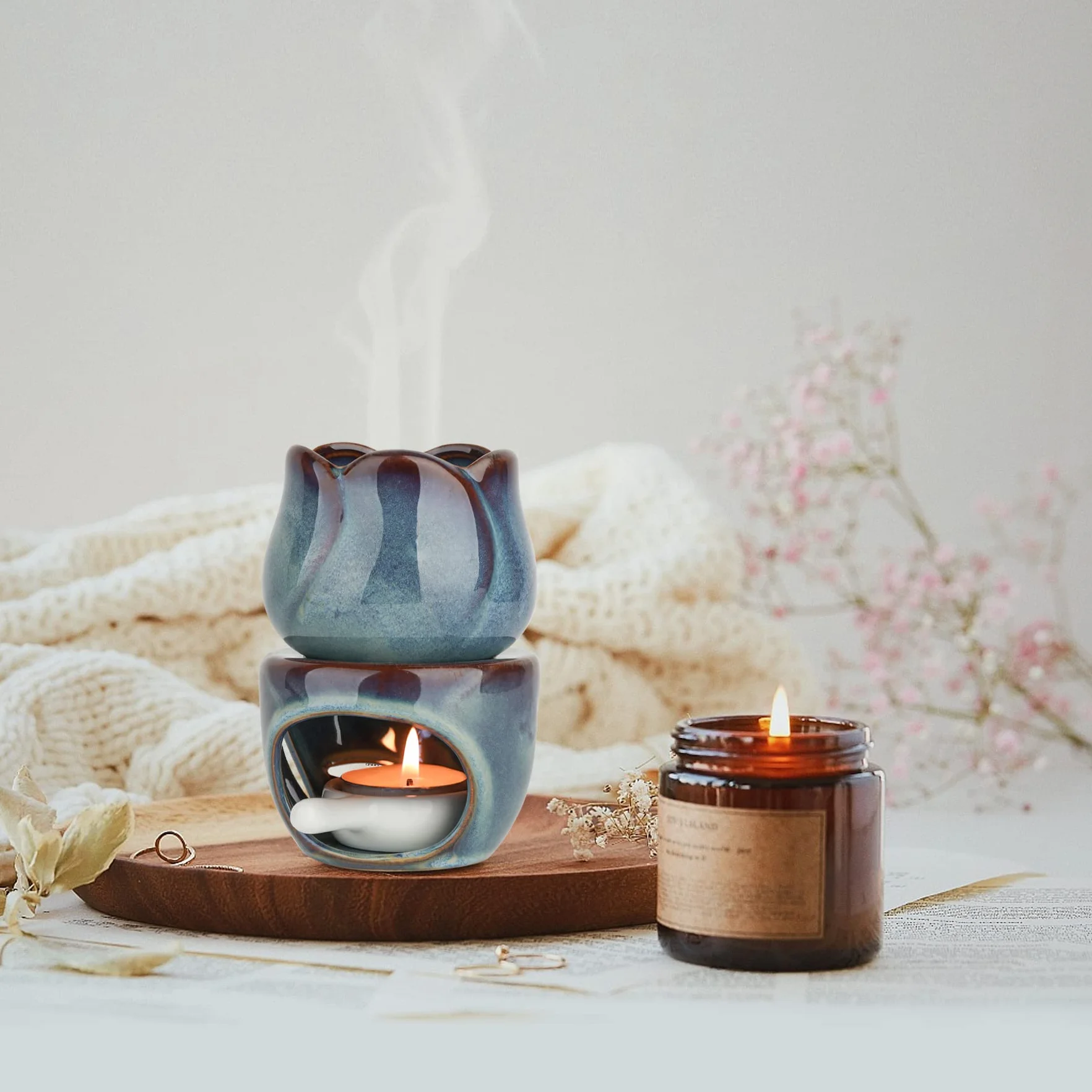 ComSaf Palnik olejków eterycznych z łyżeczką do podgrzewania, zdejmowany palnik do aromaterapii, niebieski, ceramiczny dyfuzor zapachowy, podgrzewacz do świec, podgrzewacz do domu, sypialni, dekoracja