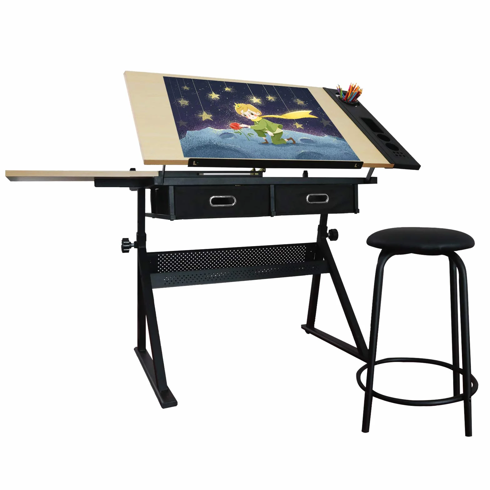 MIADOMODO® Stół do rysowania – uchylny, 115x60 cm, regulowana wysokość, MDF, stołek, 2 szuflady – stół kreślarski, artystyczny, techniczny