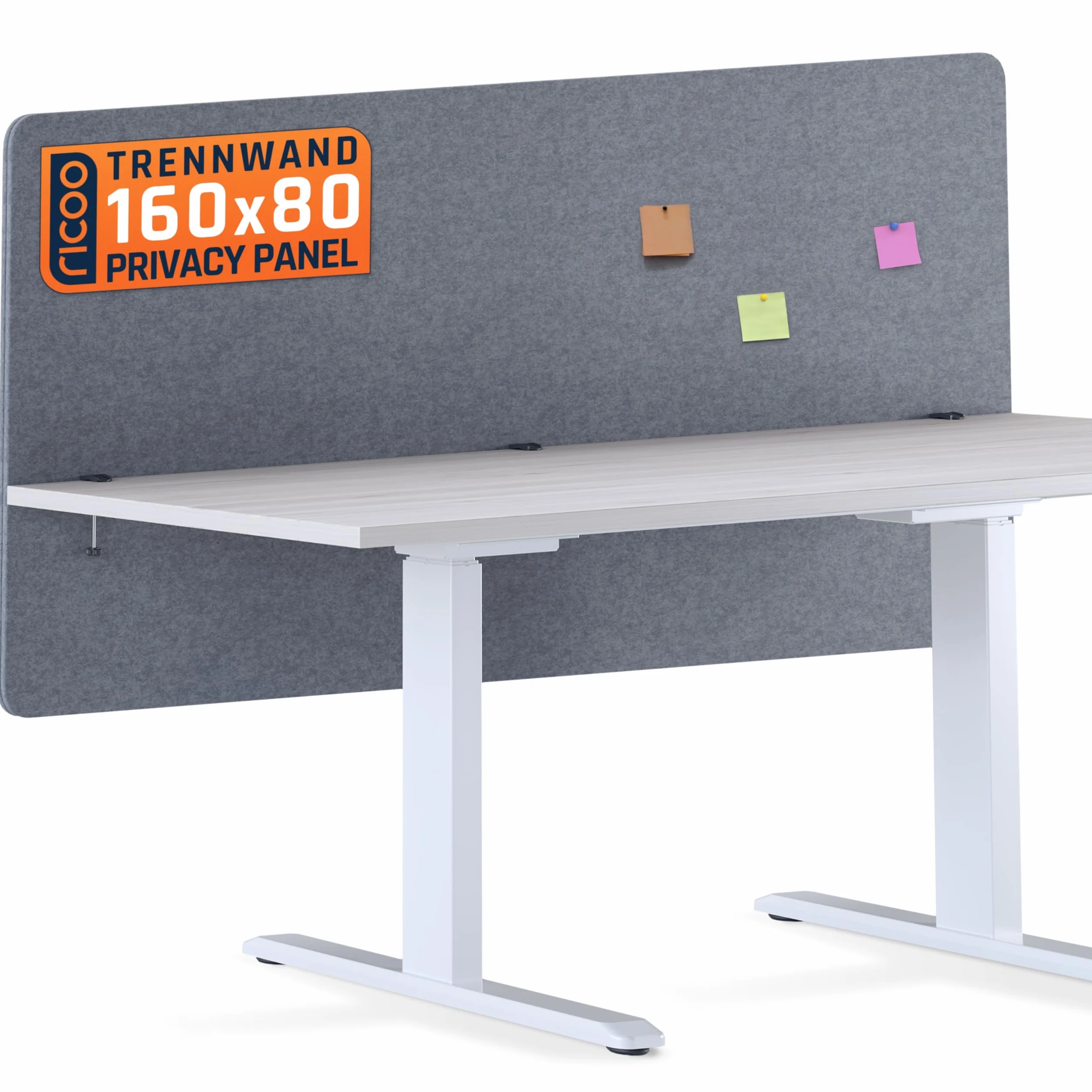 RICOO ZAP1680-G akustyczna ścianka działowa na biurko, ochrona przed wzrokiem, 160 x 80 x 2,3 cm, ochrona przed wzrokiem, filcowa, szara, do biura domowego, tablica na notatki