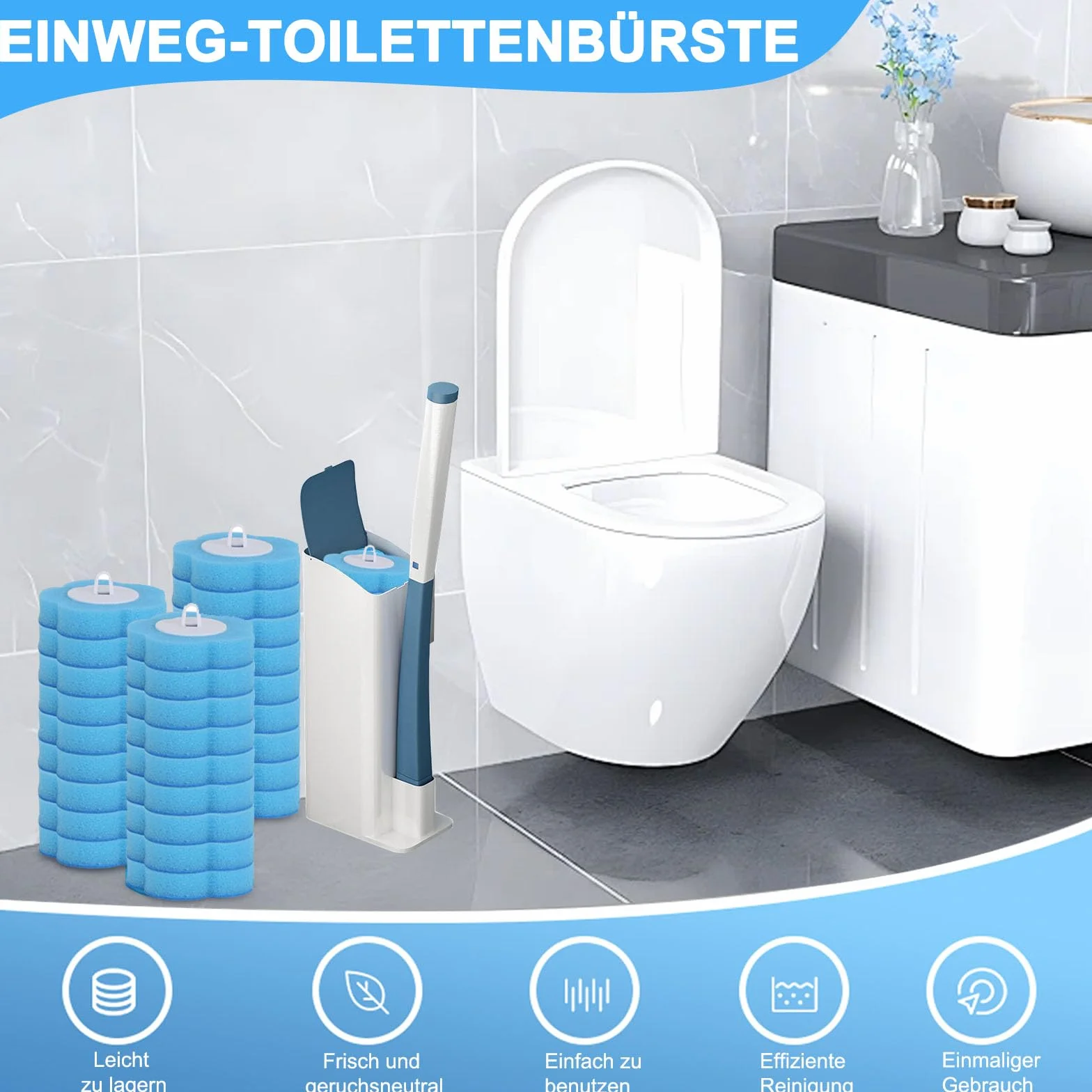 Jednorazowa szczotka do toalety, 30 sztuk głowic zamiennych do szczotki toaletowej, do czyszczenia WC, głowice uzupełniające, nadają się do sprzątania gospodarstwa domowego (niebieski, zapach morski)