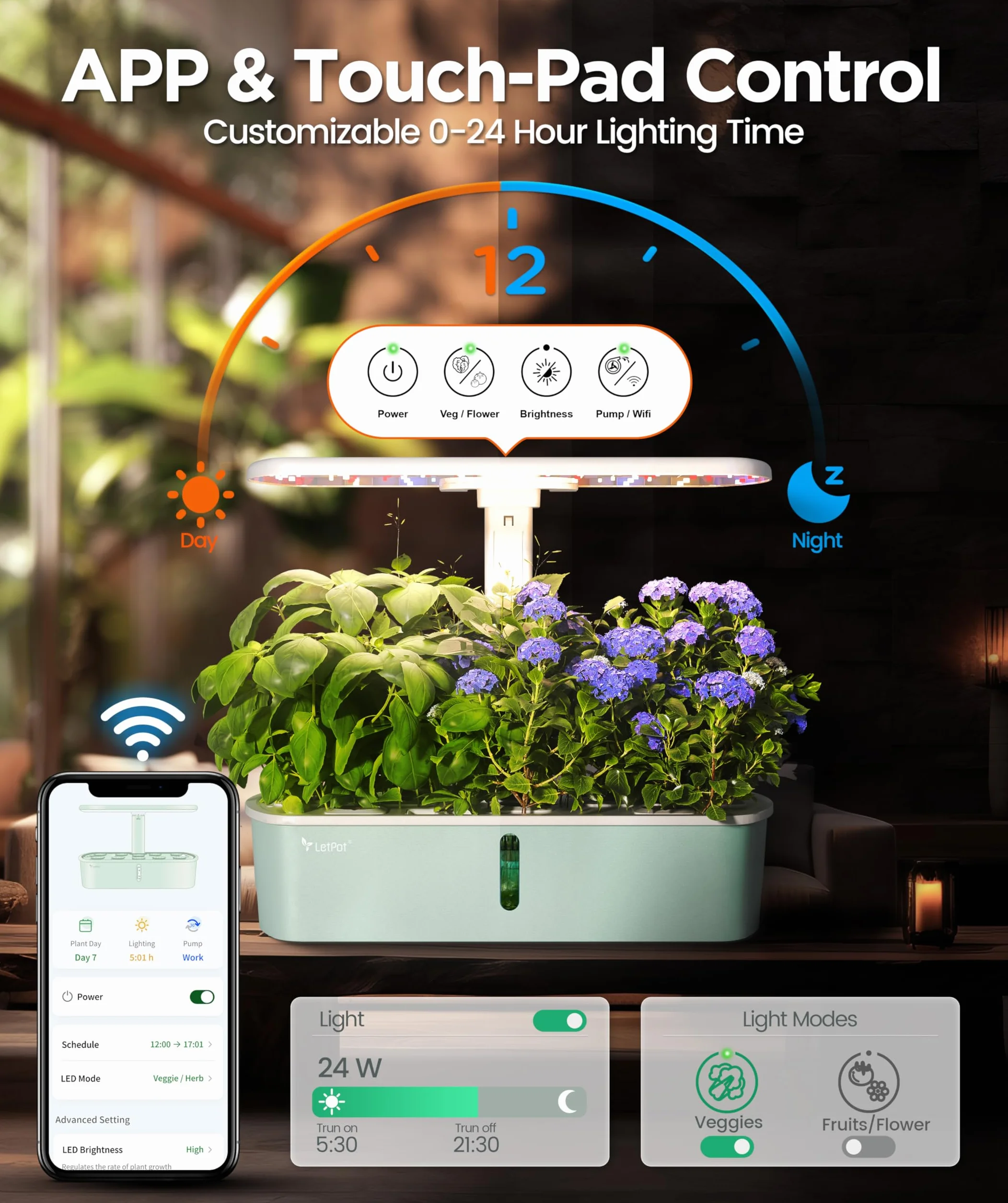 LETPOT LPH-Air WiFi hydroponiczny system uprawy, 10 tulejek, Smart Herb Garden Kit do wnętrz, ogrodu wewnętrznego z oświetleniem LED 24 W, zbiornik na wodę 4 l, system pompowania, automatyczny timer