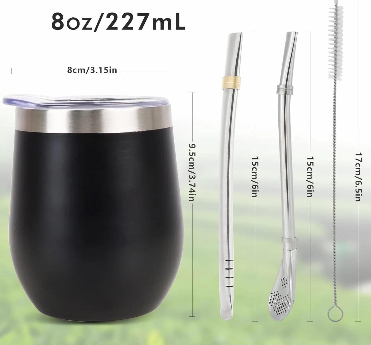 Filiżanka do herbaty Mate ze stali nierdzewnej, dwuściankowa, odporna na wysokie temperatury, z pokrywką, bez BPA, czarna