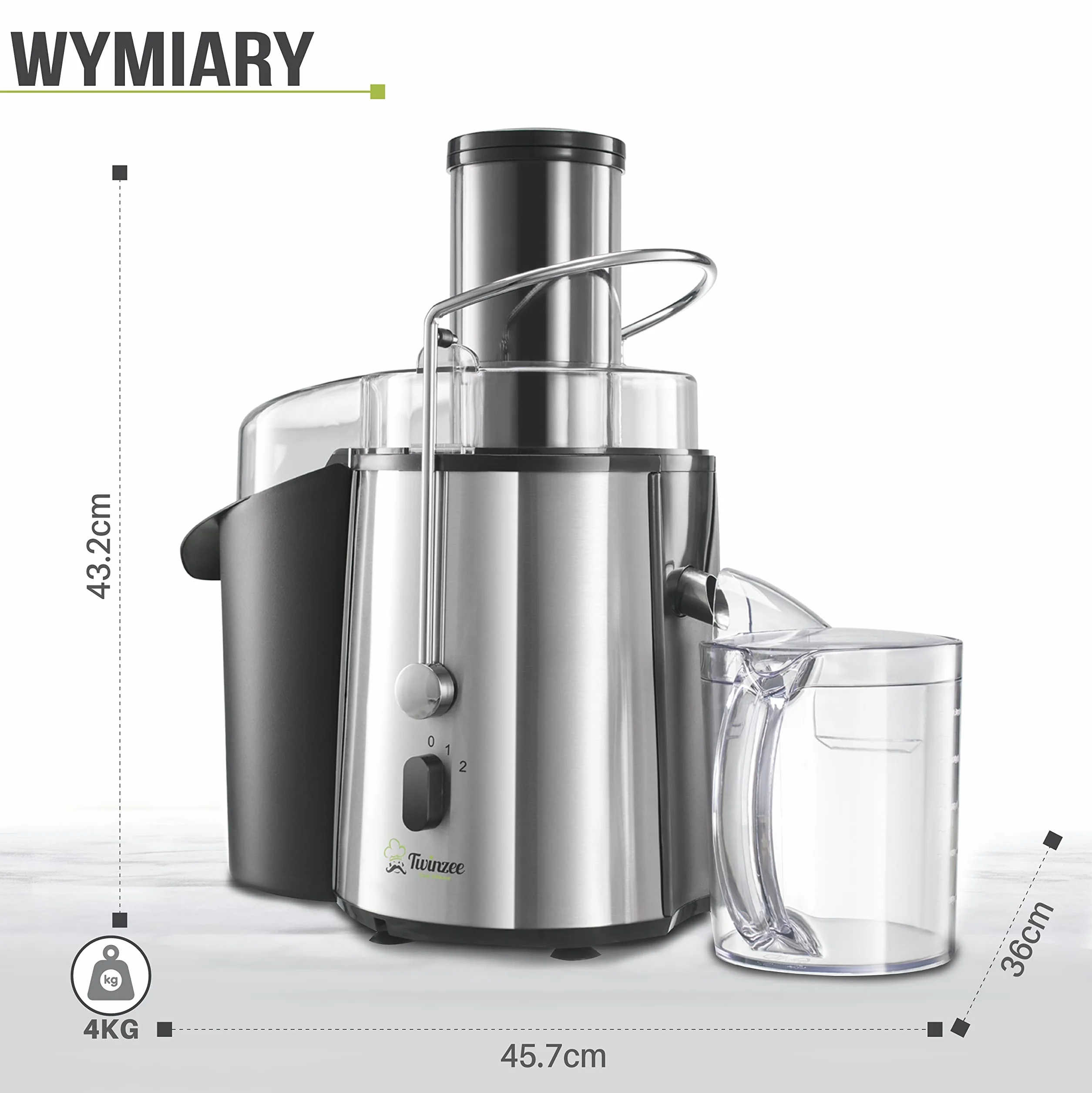 Twinzee Odśrodkowa sokowirówka do warzyw i owoców, elektryczna wyciskarka do soków z warzyw i owoców, wydajna 850 W, 2 poziomy prędkości, duży otwór do napełniania (75 mm), antypoślizgowe nóżk