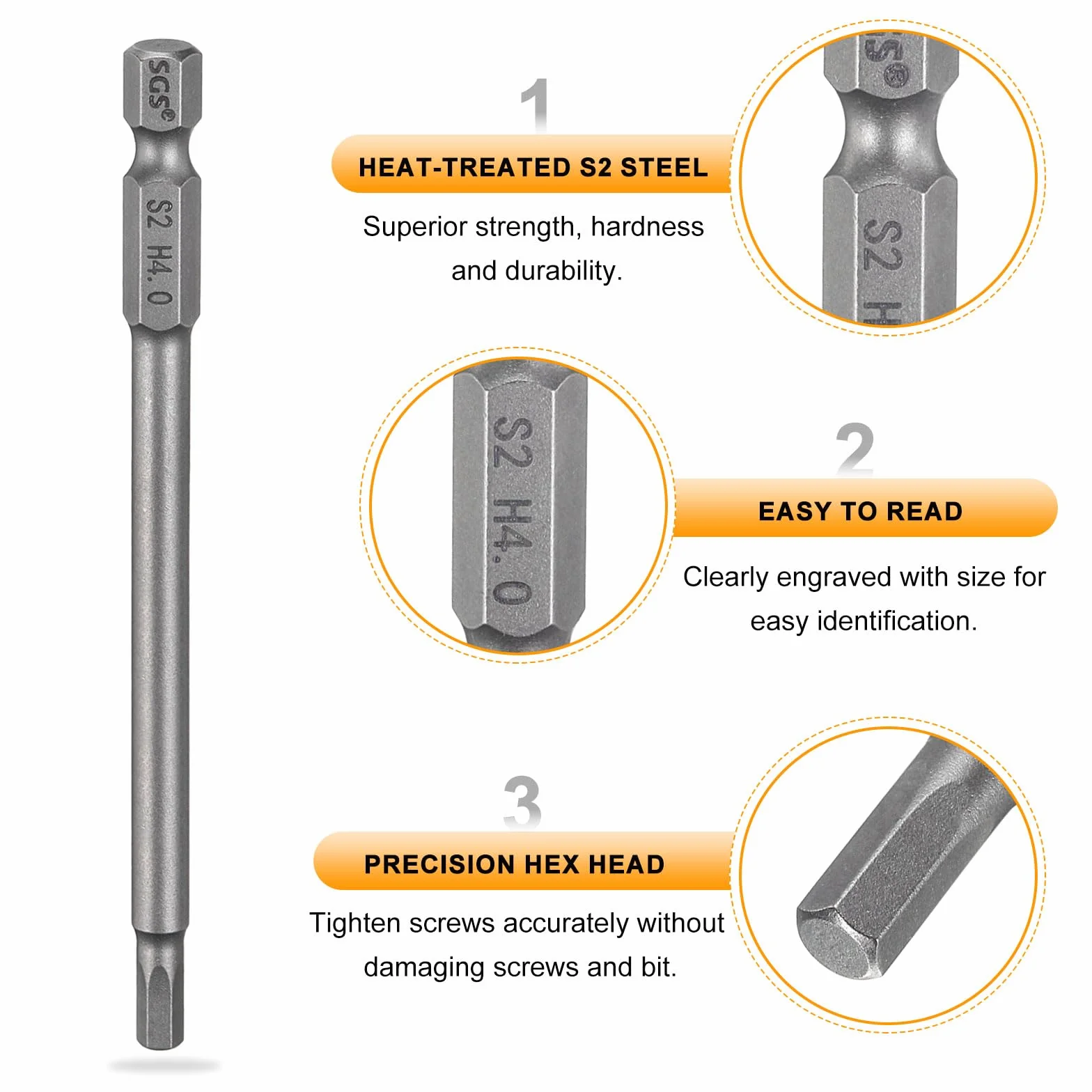 QUARKZMAN H4.0 sześciokątny klucz bitowy 4 mm metryczna płaska końcówka 1/4" trzpień sześciokątny 100 mm (4") długi magnetyczny klucz imbusowy