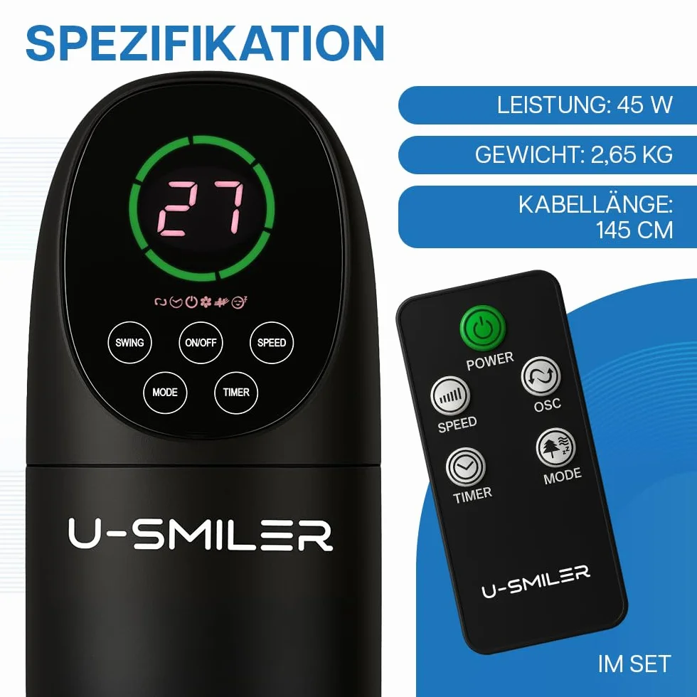 Wentylator Kolumnowy 45W z Pilotem, Cichy Wiatrak Podłogowy 101 cm z Oscylacją 90°, LED, 3 Tryby, 3 Prędkości, Timer, Design Nowoczesny, Do Biura, Sypialni, Domu, Czarny