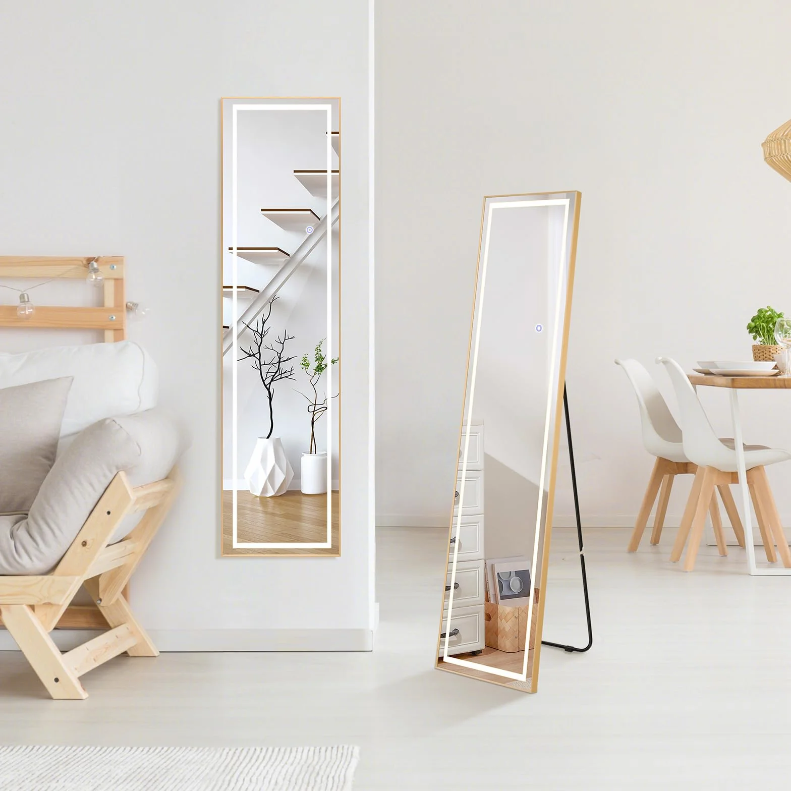 COSTWAY Lustro stojące 2 w 1 z oświetleniem LED, 3 kolory światła, możliwość ściemniania, lustro garderobiane ze złotą ramą aluminiową, do korytarza, sypialni, salonu