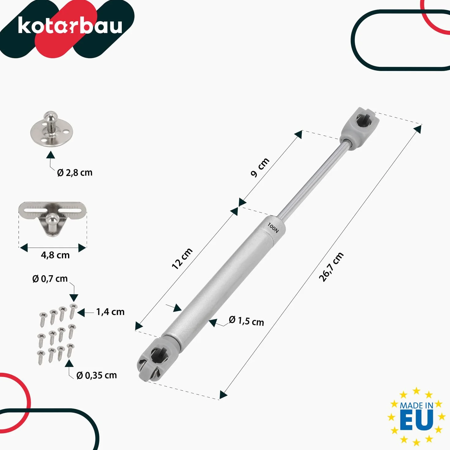 KOTARBAU® Zestaw 2 łączników klapy, sprężyna gazowa 100 N, amortyzatory mebli, sprężyna gazowa do szafki kuchennej, tłumik drzwi szafki, tłumik drzwi, tłumik drzwiowy, srebrny gazowy amortyzator