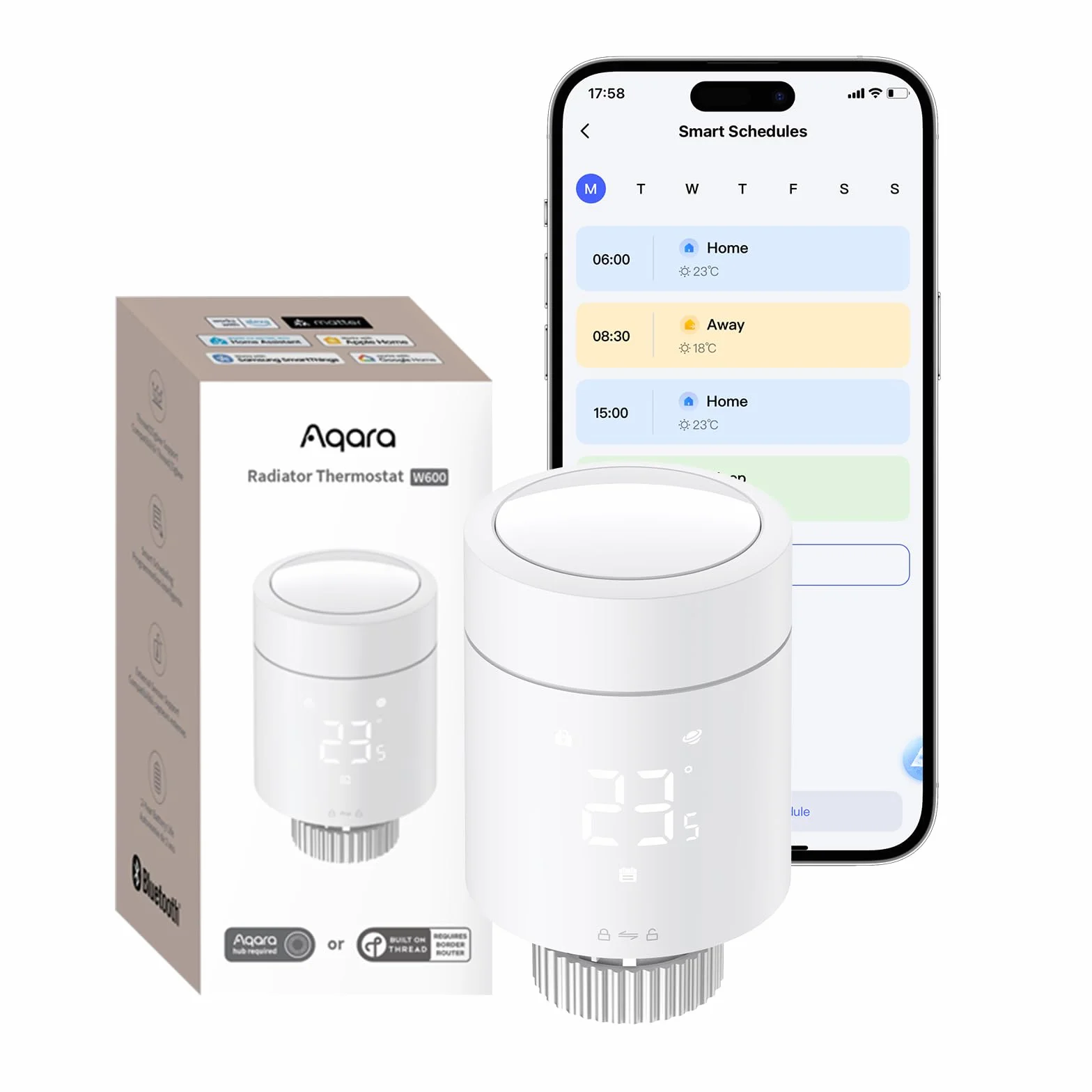 Aqara W600 Inteligentny Termostat Grzejnikowy, Zigbee/Thread, z Oszczędz. Energii, Harmonogramem, Geofencingiem i Długą Żywotnością Baterii. Zgodny z Apple Home, Home Assistant, Alexa, Google Home