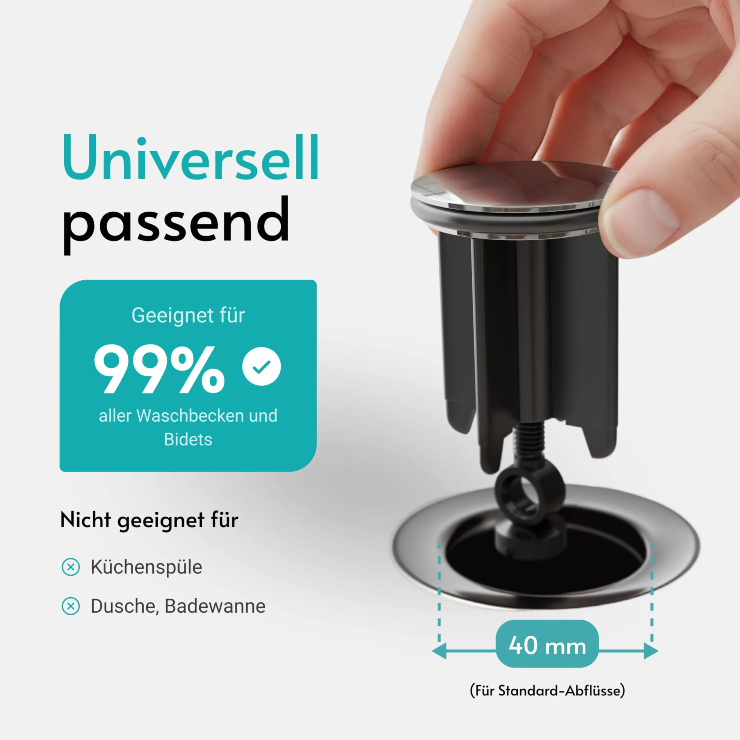 Engelbach® Korek do umywalki 40 mm uniwersalny – stabilny, nierdzewny i trwały – korek do odpływu do umywalek i bidetów z regulowaną wysokością śruby