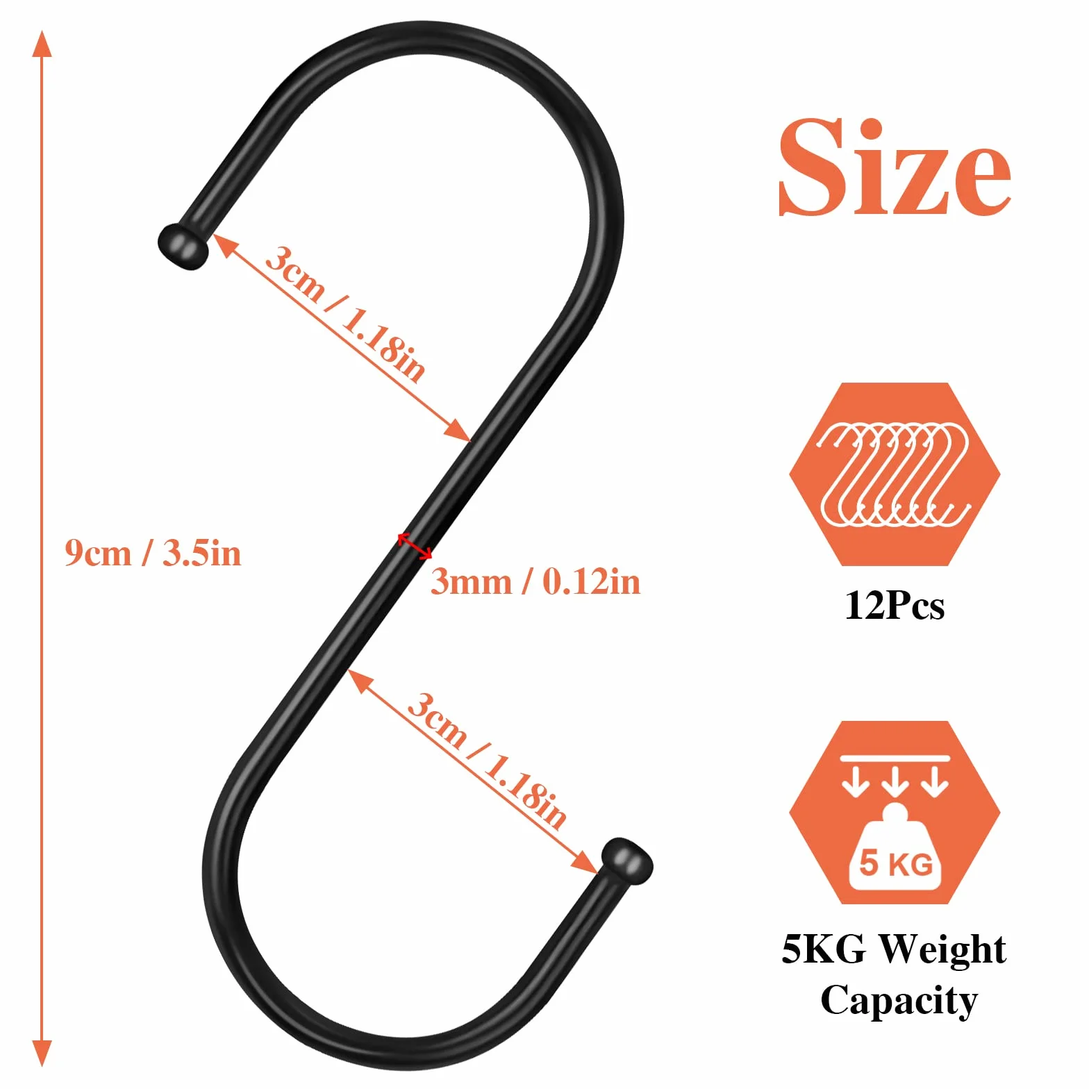 Bolatus metalowe haki w kształcie litery S 9 cm czarne 12 sztuk