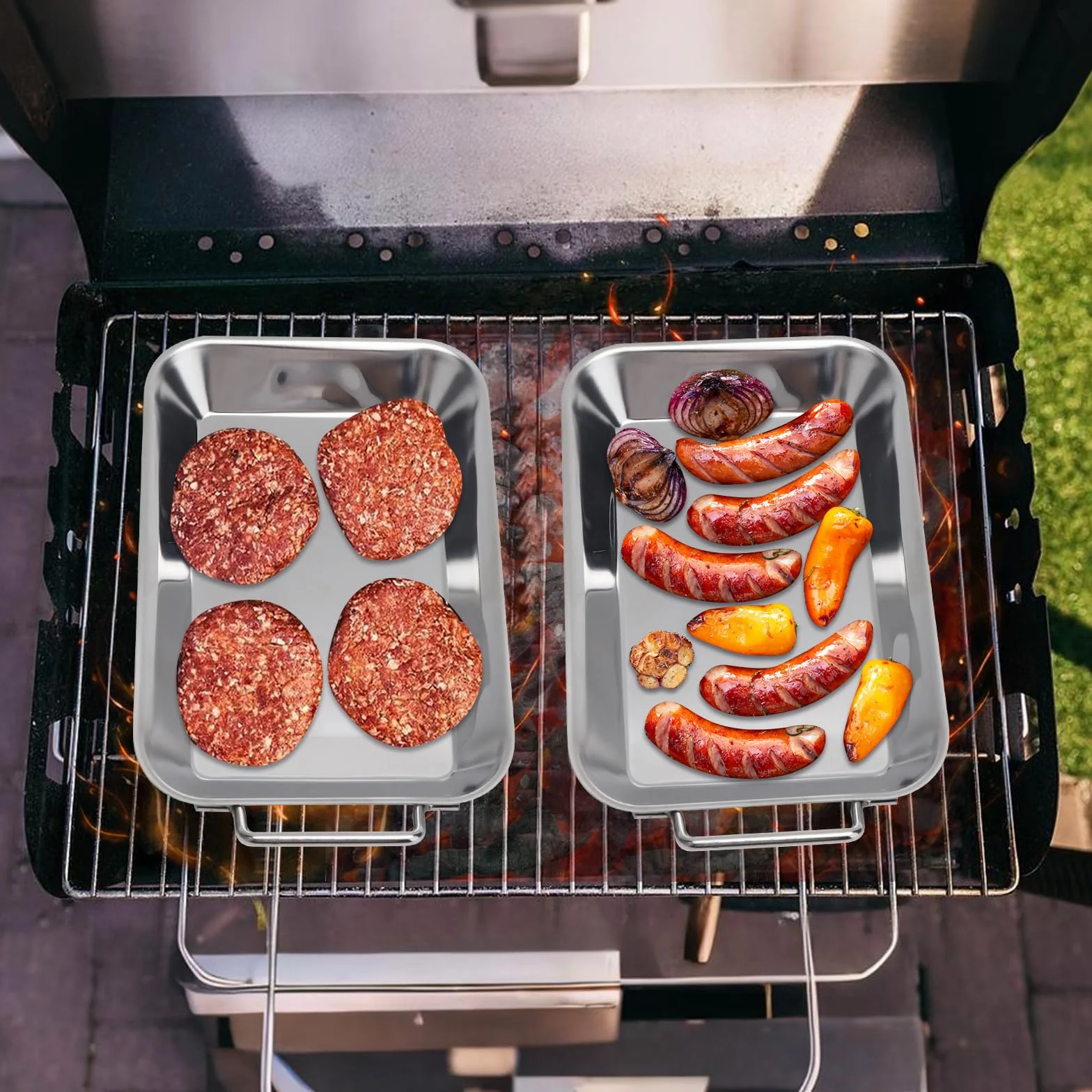 VOSSOT Zestaw misek do grillowania ze stali nierdzewnej do grilla gazowego – 2 x patelnia grillowa z 4 drewnianymi uchwytami i 1 szczypcami do grilla – patelnia wielokrotnego użytku do warzyw, ryb