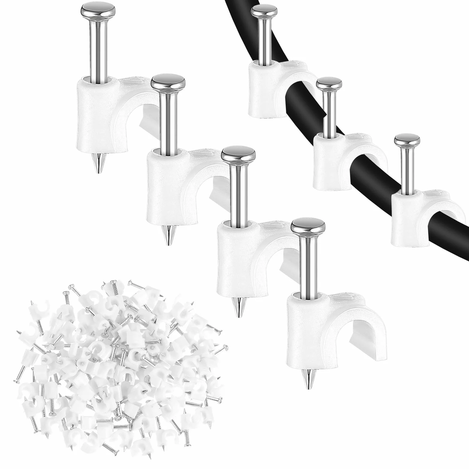 Andibro 100 sztuk kablowe, zaciski do gwoździ, zaciski z uchwytem na gwoździe, do ściennych kabli, 6 mm, zarządzanie kablami, sieciowe, białe (6 mm)