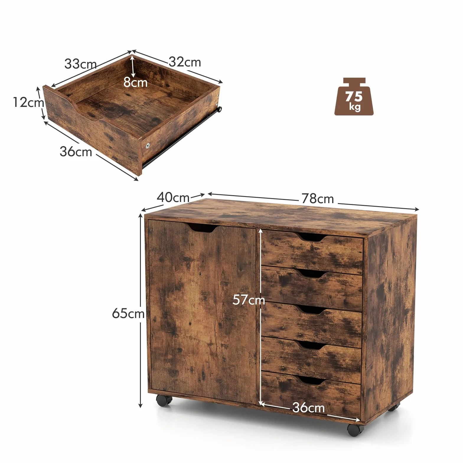 GOPLUS Kontener na kółkach z szufladami, mobilna szafka na dokumenty z szafką, szafka biurowa na 5 kółkach, na drukarki i książki, 78 × 39 × 65 cm (rustykalny brąz)