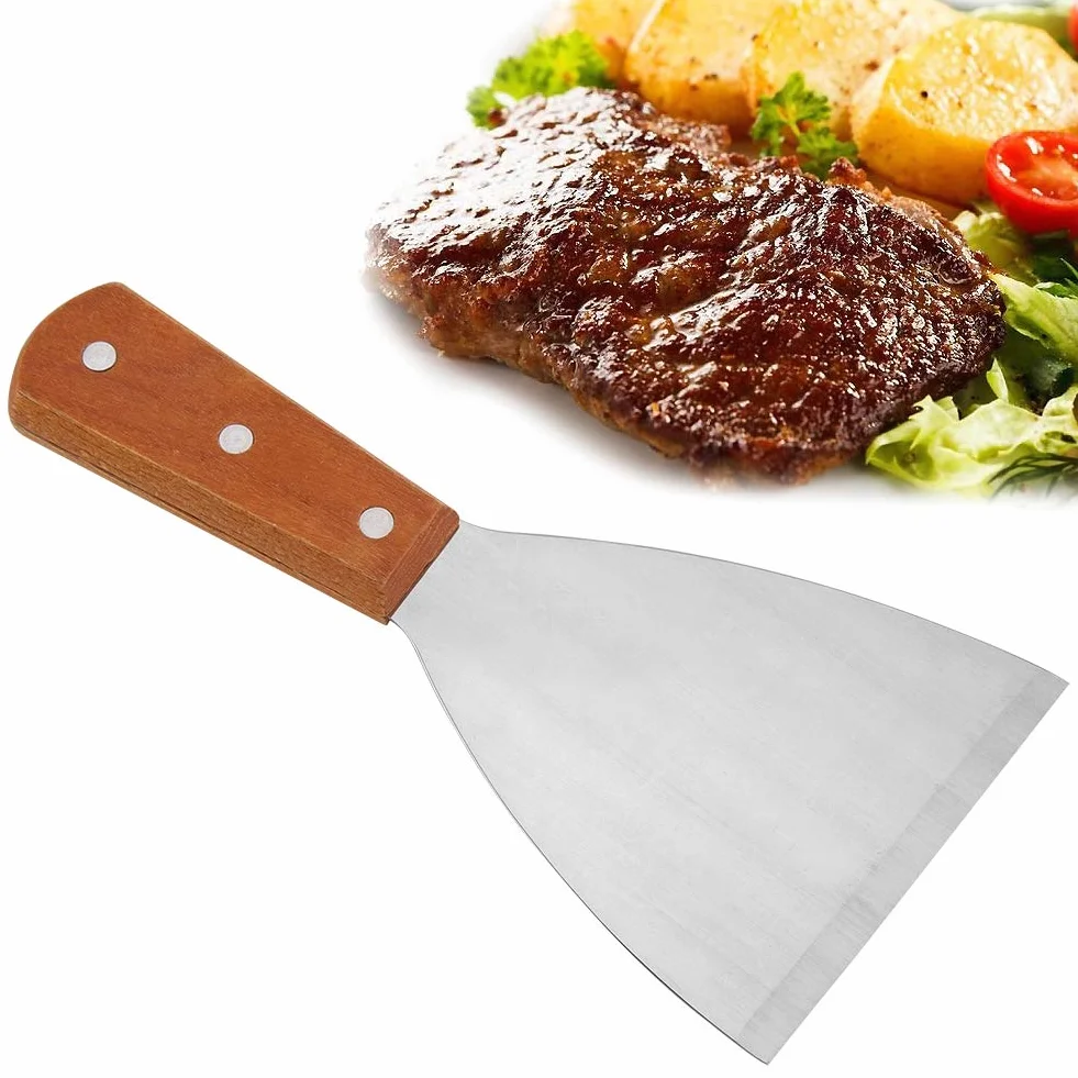 Smash Burger Łopatka Griddle Skrobak Drewno + Stal Nierdzewna Stal Nierdzewna Nieprzywierająca Odporny na Ciepło Bbq Grill Beafsteak Łopatka Turner Narzędzie Kuchenne