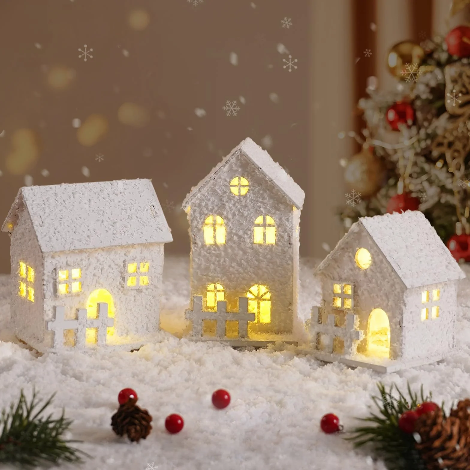 3 sztuki drewniana wioska bożonarodzeniowa, miniaturowy dom, biały śnieg, mini oświetlenie LED na baterie, dekoracja bożonarodzeniowa, małe akcesoria anime, lampka nocna, prezent zimowy