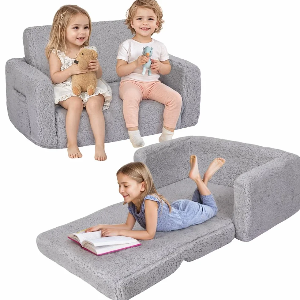 Sofa dla dzieci 2 w 1, bardzo szerokie krzesło dla malucha z bocznymi kieszeniami i zdejmowanym pokrowcem, rozkładane fotele dziecięce dla dziewcząt i chłopców (szary)