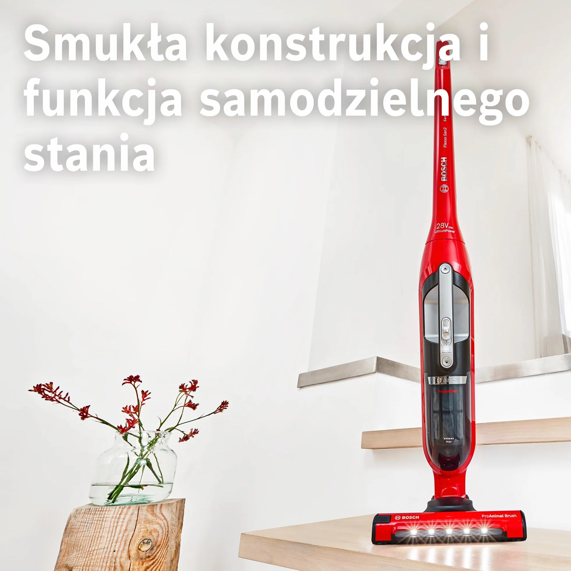 Bosch, Flexxo Gen2 Serie 4, ProAnimal, 28 Vmax, 2w1, bezprzewodowy, bezworkowy odkurzacz ręczny i pionowy, zintegrowane akcesoria dla właścicieli zwierząt, czerwony, BBH3ZOO28