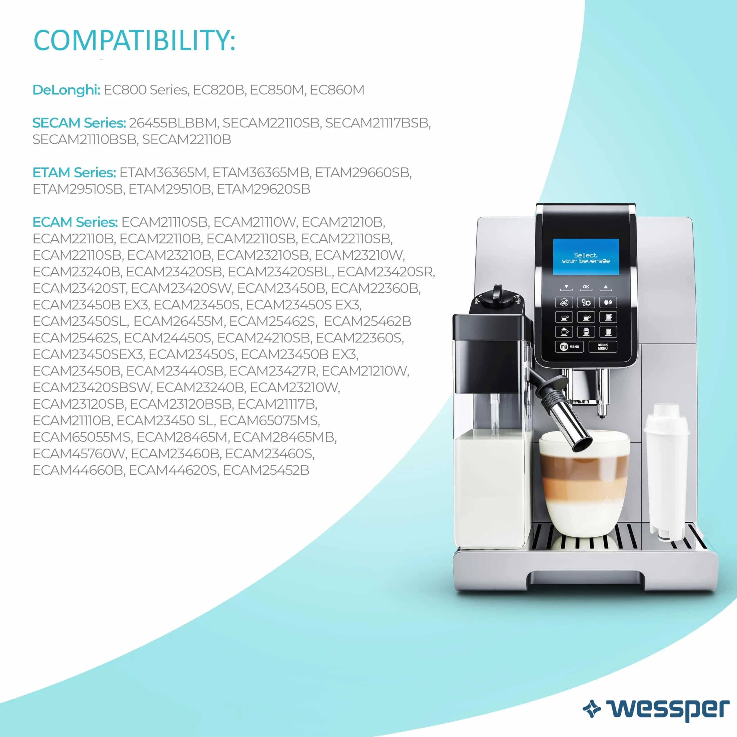 Wessper Aqua Lunga Filtr wody do ekspresu do kawy Delonghi DLSC002, SER3017 & 5513292811 - kompatybilny z ECAM, ESAM, ETAM, seria SECAM (2 sztuki)