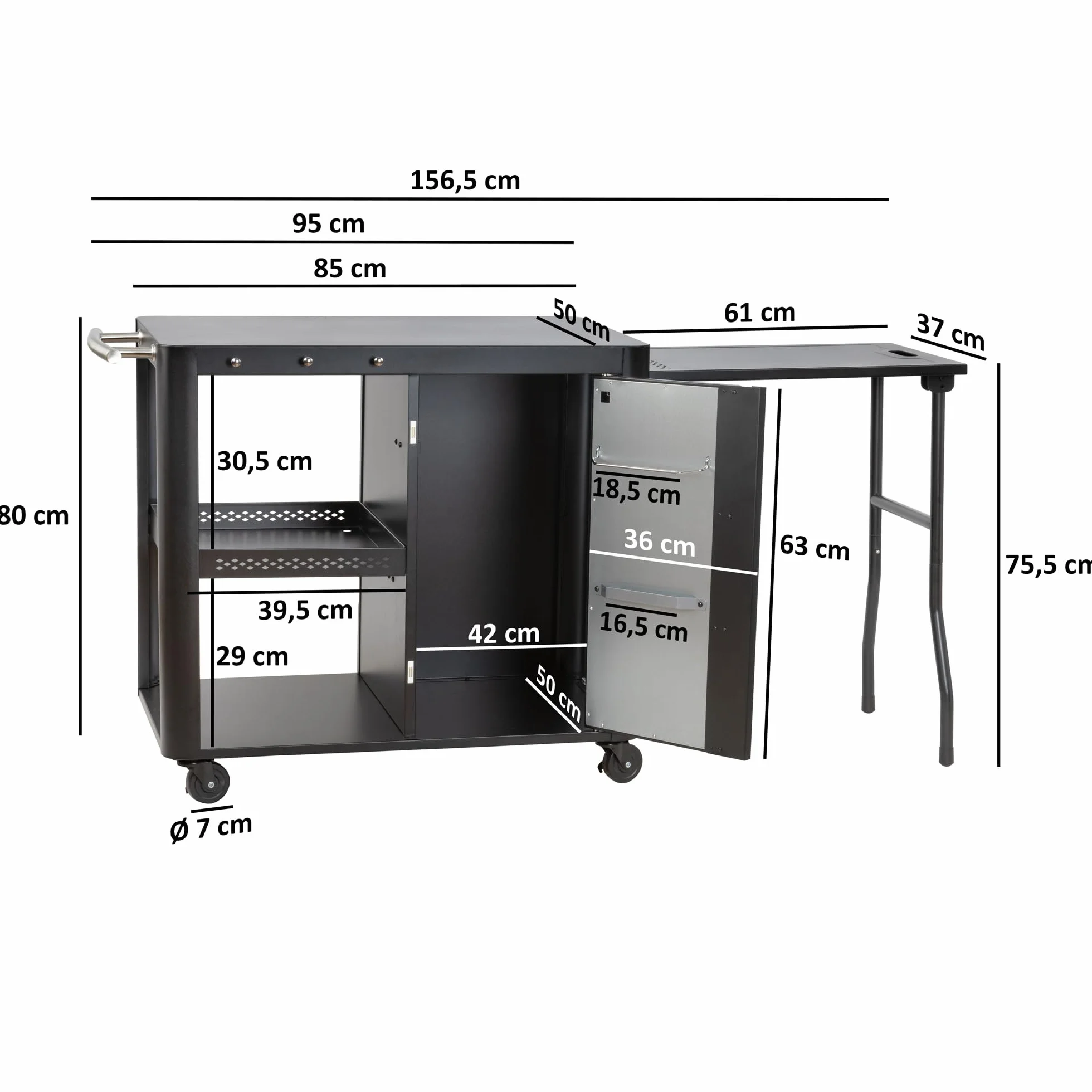 BBQ-Toro Grill na kółkach 95 x 50 x 80 cm, stół do grillowania z dużą powierzchnią roboczą, stolik pomocniczy, stolik do grillowania na świeżym powietrzu, wózek do serwowania, wózek do serwowania,