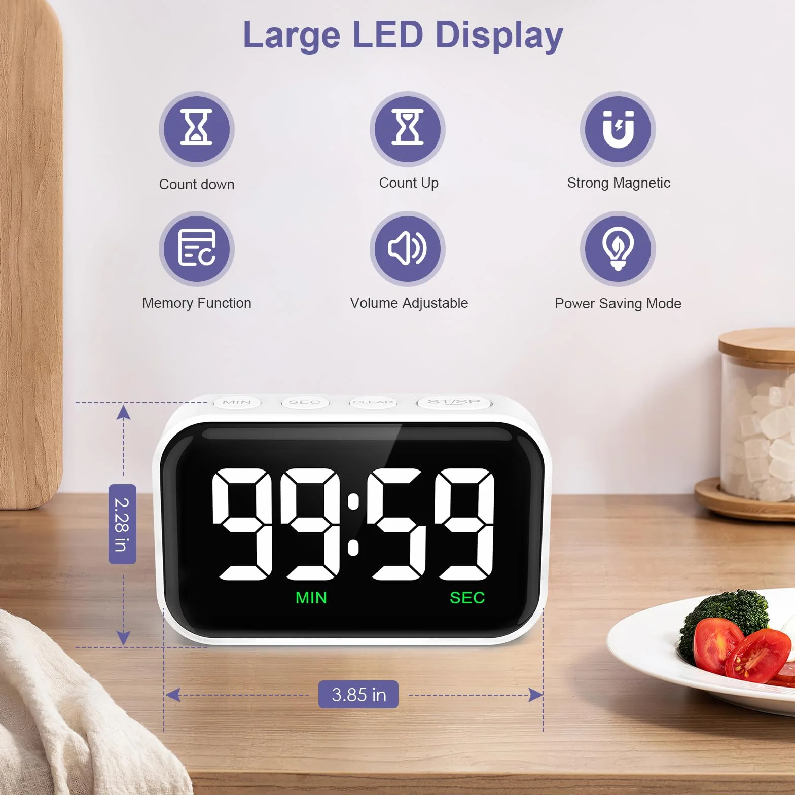 Cyfrowy timer, odliczanie czasu/odliczanie, magnetyczny cyfrowy minutnik kuchenny z dużym wyświetlaczem LCD, stoper do nauki, gotowania, sportu, 3-stopniowa głośność, do 99 min, 59 sekund