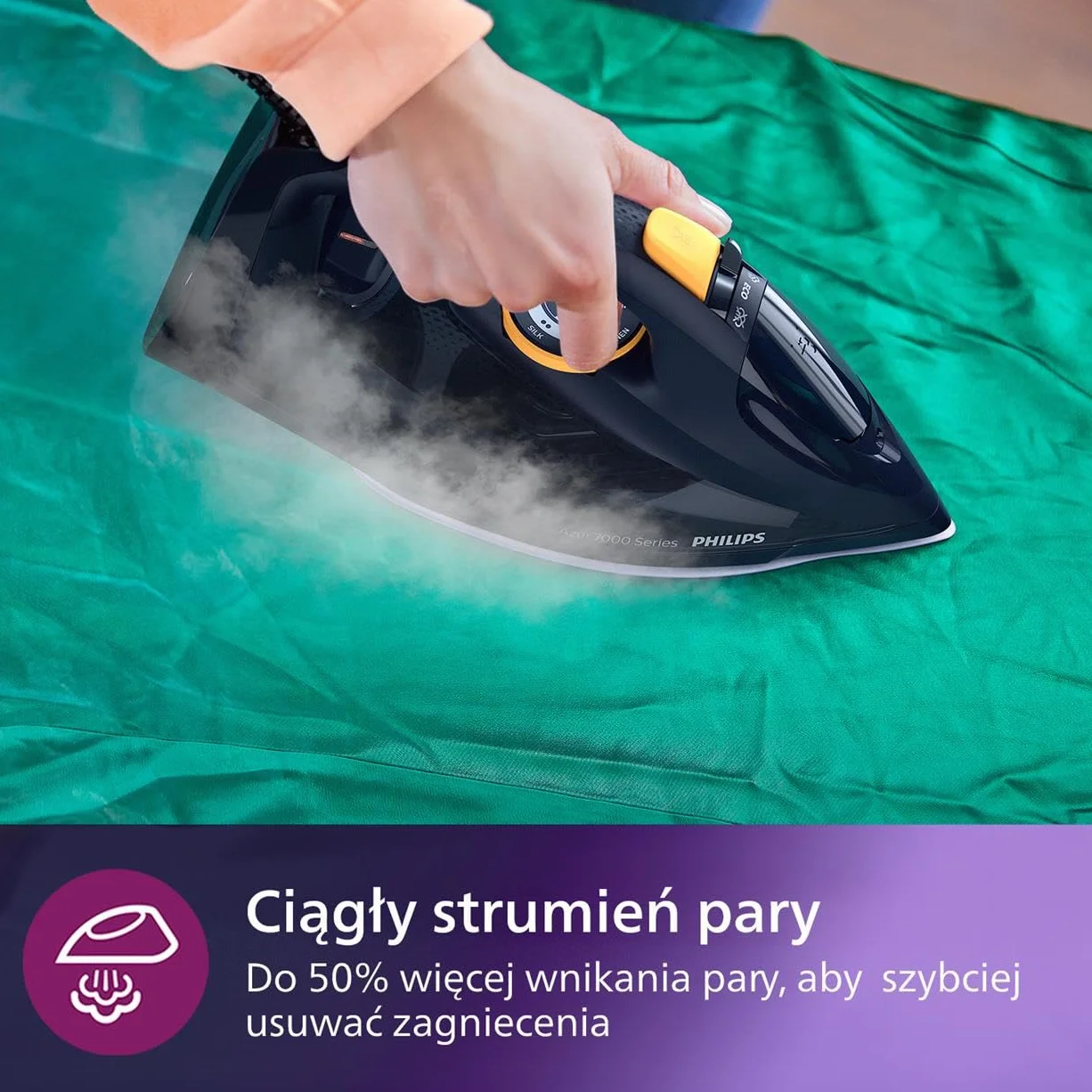 Philips Azur z Serii 7000 Żelazko Parowe - 3000 W, Strumień 55 g/min, Silne Uderzenie Pary Do 250 g, Pionowy Wyrzut Pary, Stopa SteamGlide Elite, Niebieski/Żółty (DST7060/20)