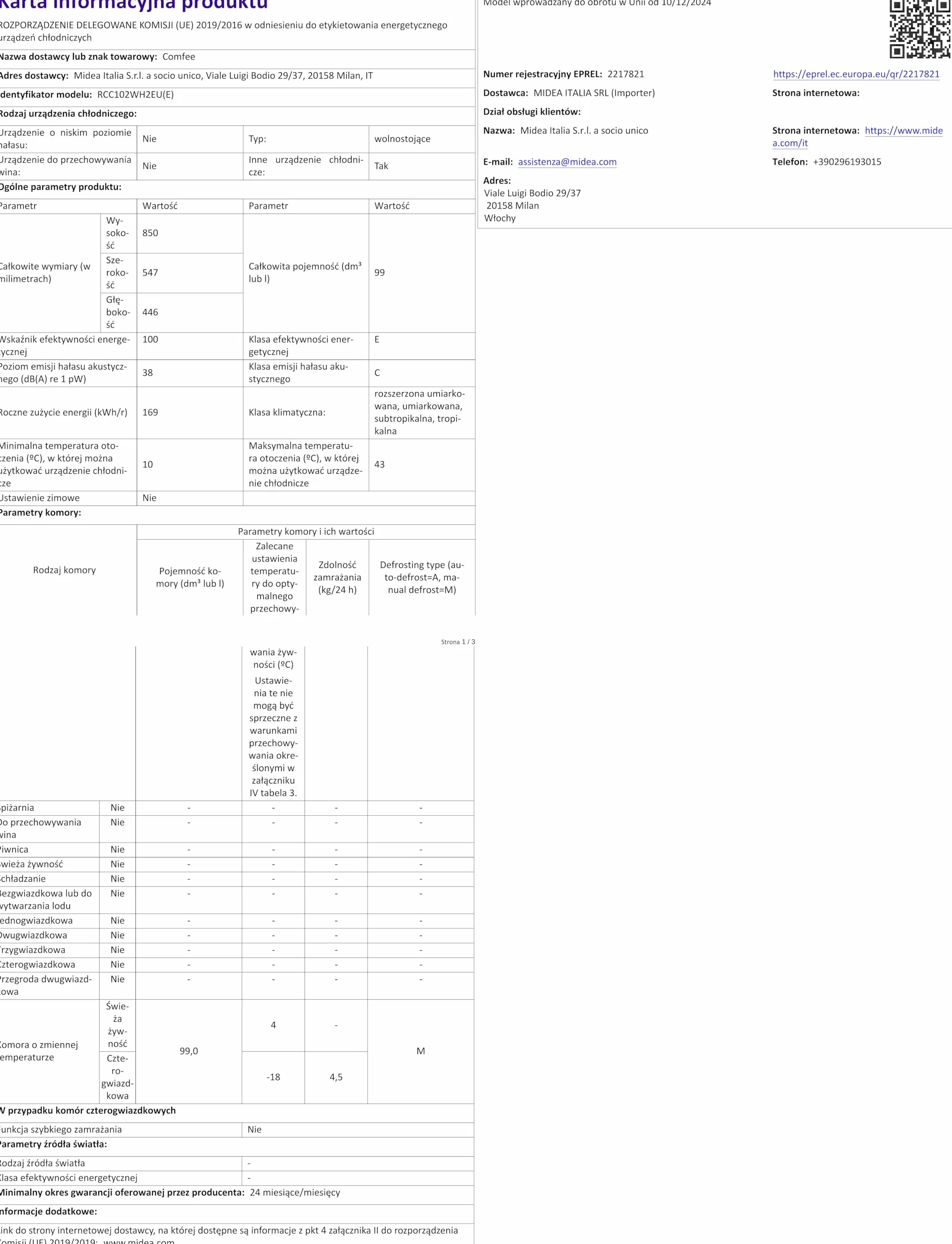 Comfee Wolnostojąca zamrażarka skrzyniowa 99L, konwertowalna zamrażarka/lodówka, inwerter, 4 gwiazdki, biała
