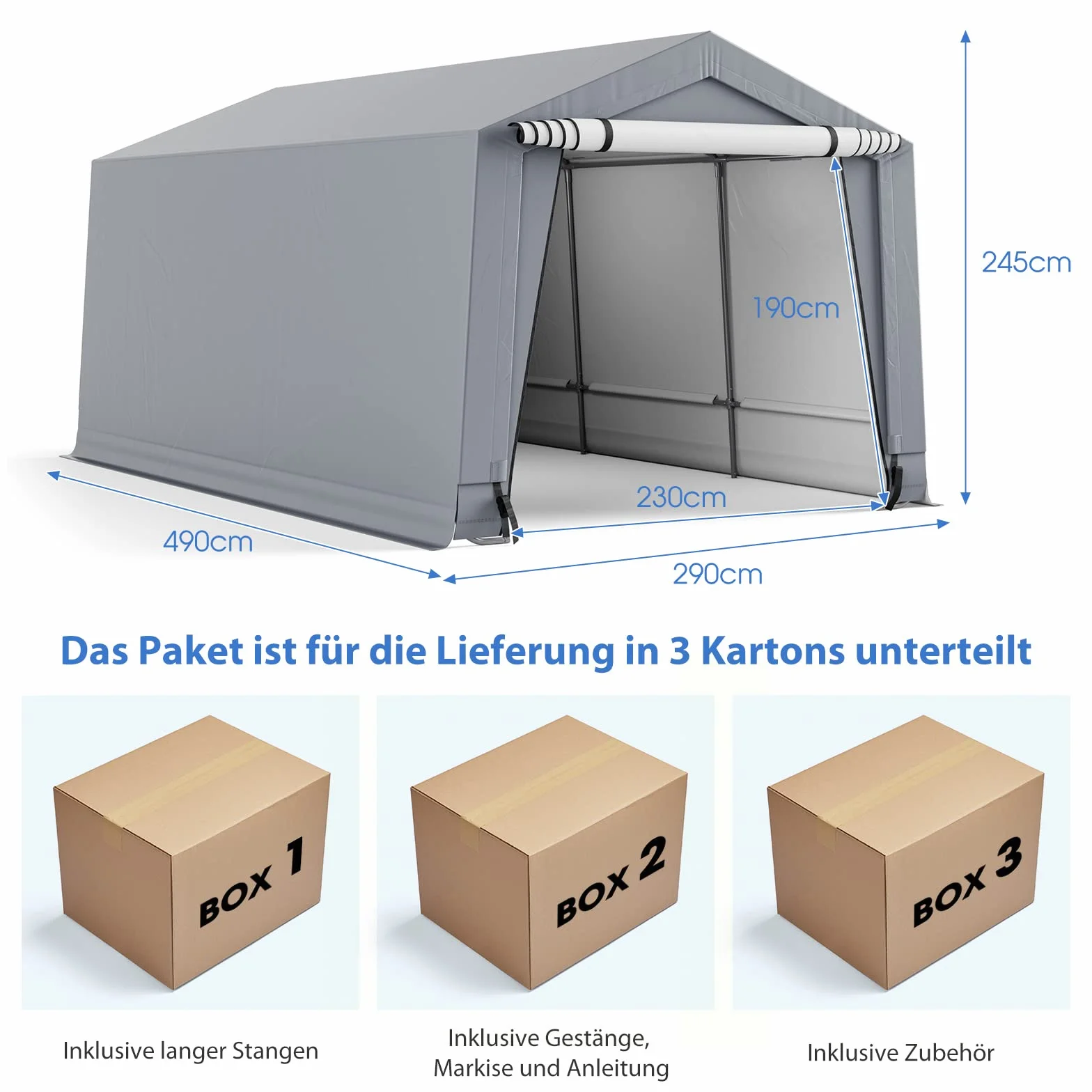 COSTWAY NP10685GR+ Namiot garażowy, wiata, wymiary: 490 x 290 x 245 cm, garaż namiotowy z drzwiami, namiot pastwiskowy, namiot magazynowy, garaż, schronienie samochodu do SUV-ów, łodzi, ładunku, wydarzeń na świeżym powietrzu, szary