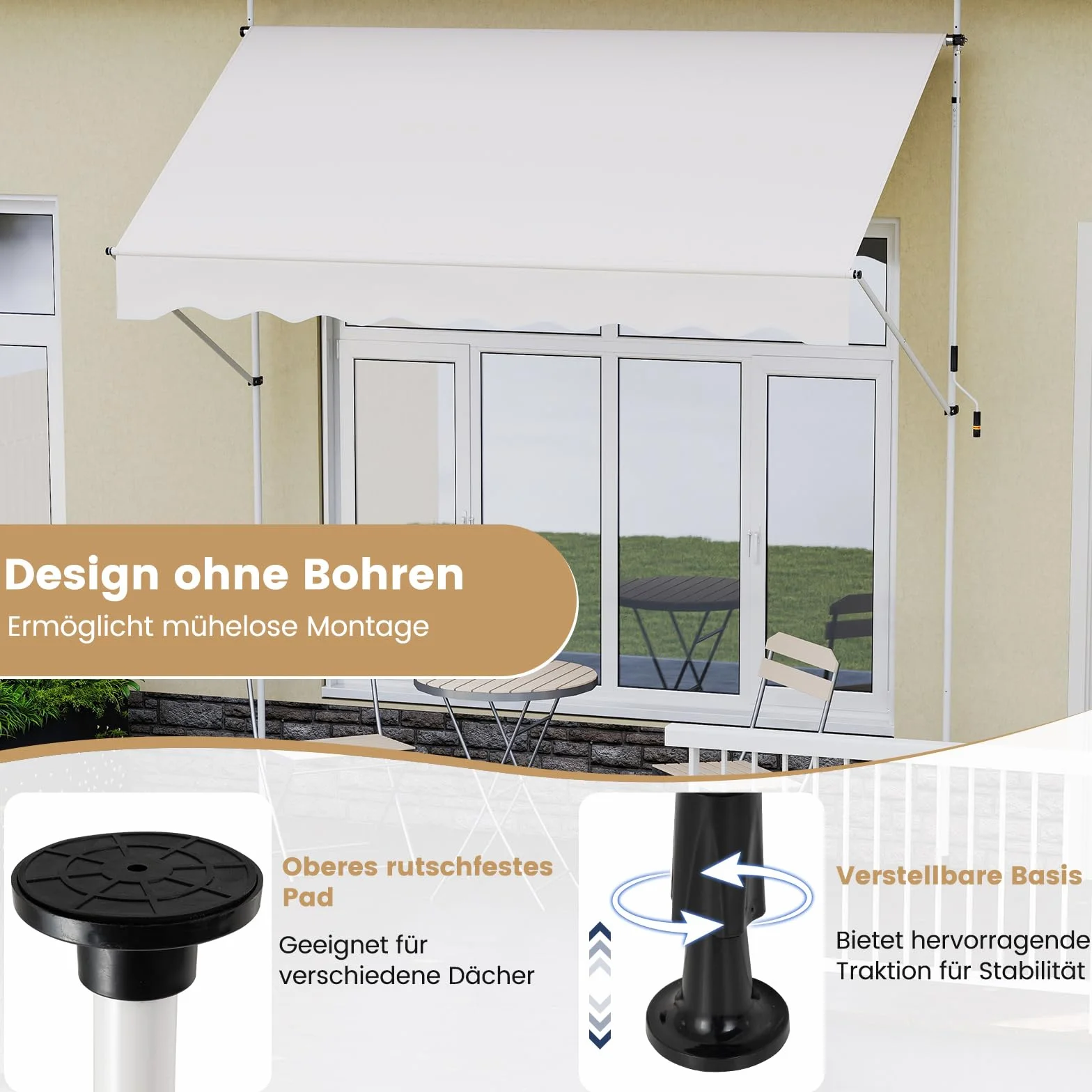 COSTWAY Markiza balkonowa bez wiercenia, z korbą ręczną, regulacja wysokości i odporna na promieniowanie UV, ochrona przed słońcem na taras, balkon (250 cm, biała)