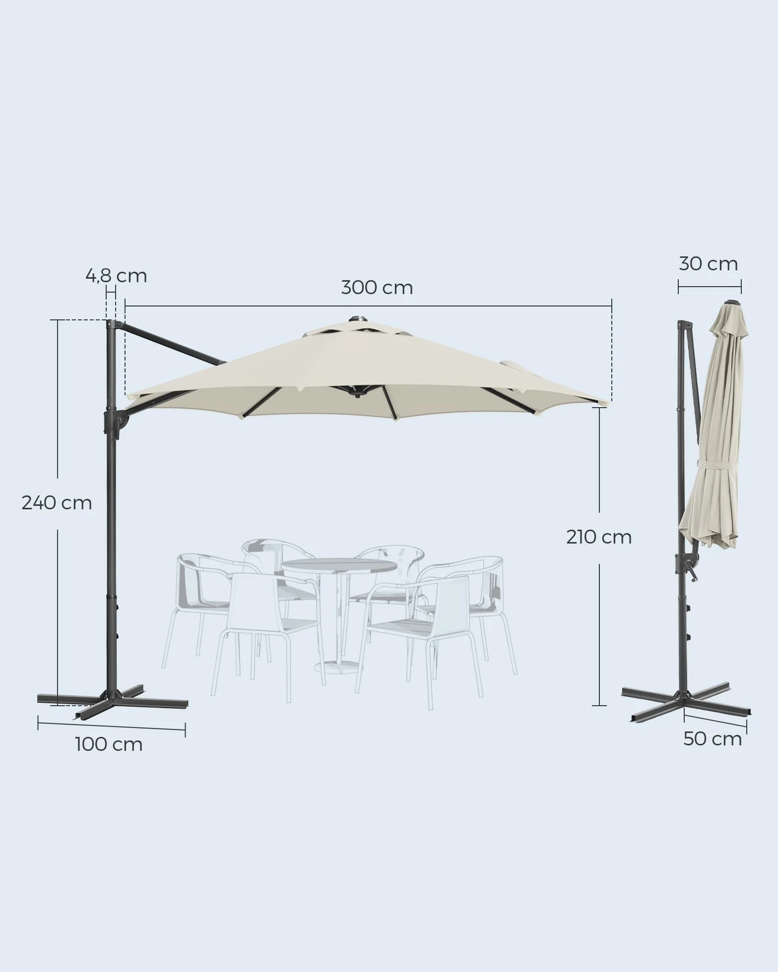 SONGMICS Parasol przeciwsłoneczny, 300 cm, UPF 50+, parasol ogrodowy, obracany o 360°, bezstopniowo regulowany kąt nachylenia, z korbą, stopka krzyżowa