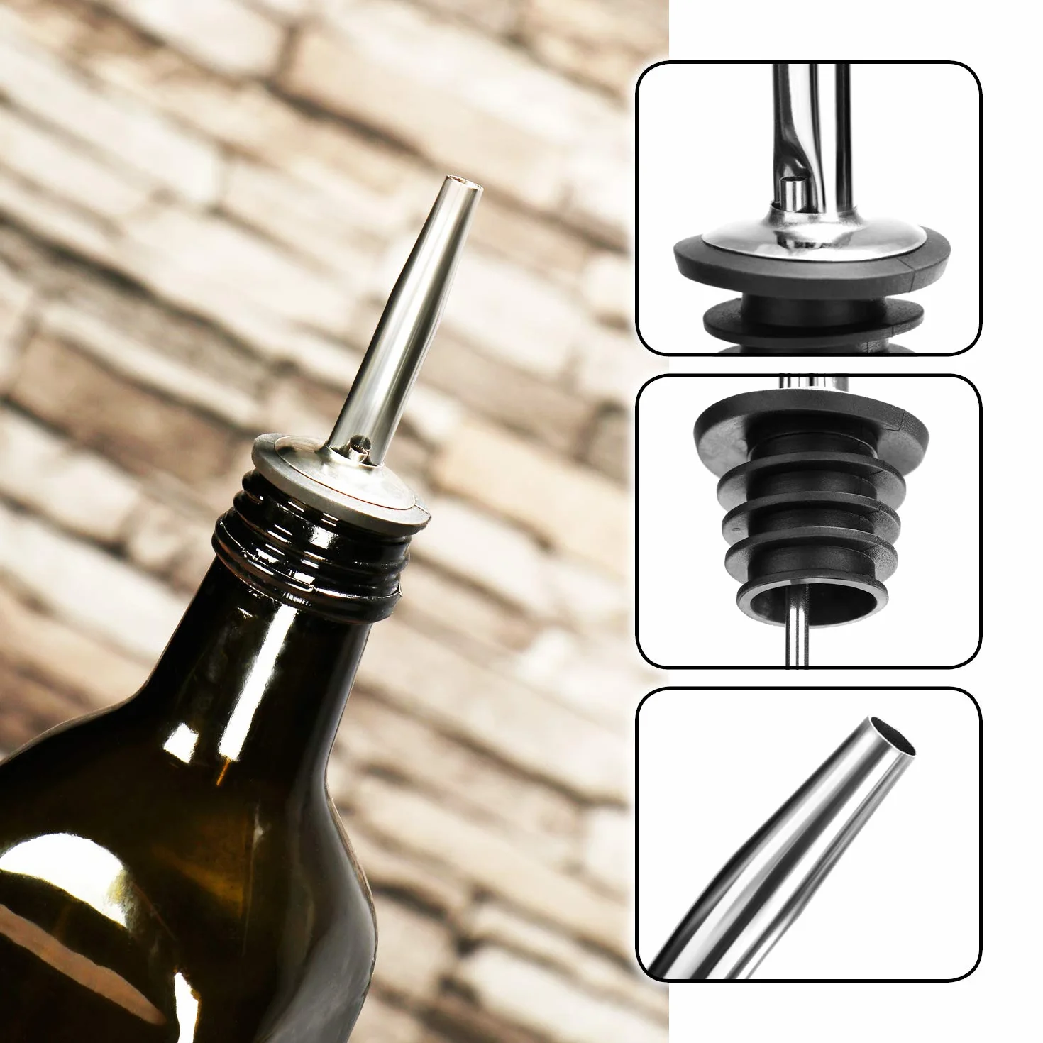 COM-FOUR® 6x Nalewaki do butelek z pokrywka – Dozownik ze stali nierdzewnej – Idealny do alkoholu, rumu, whisky, koktajli, octu i oleju (06 sztuk - srebrny - bez wieczka)