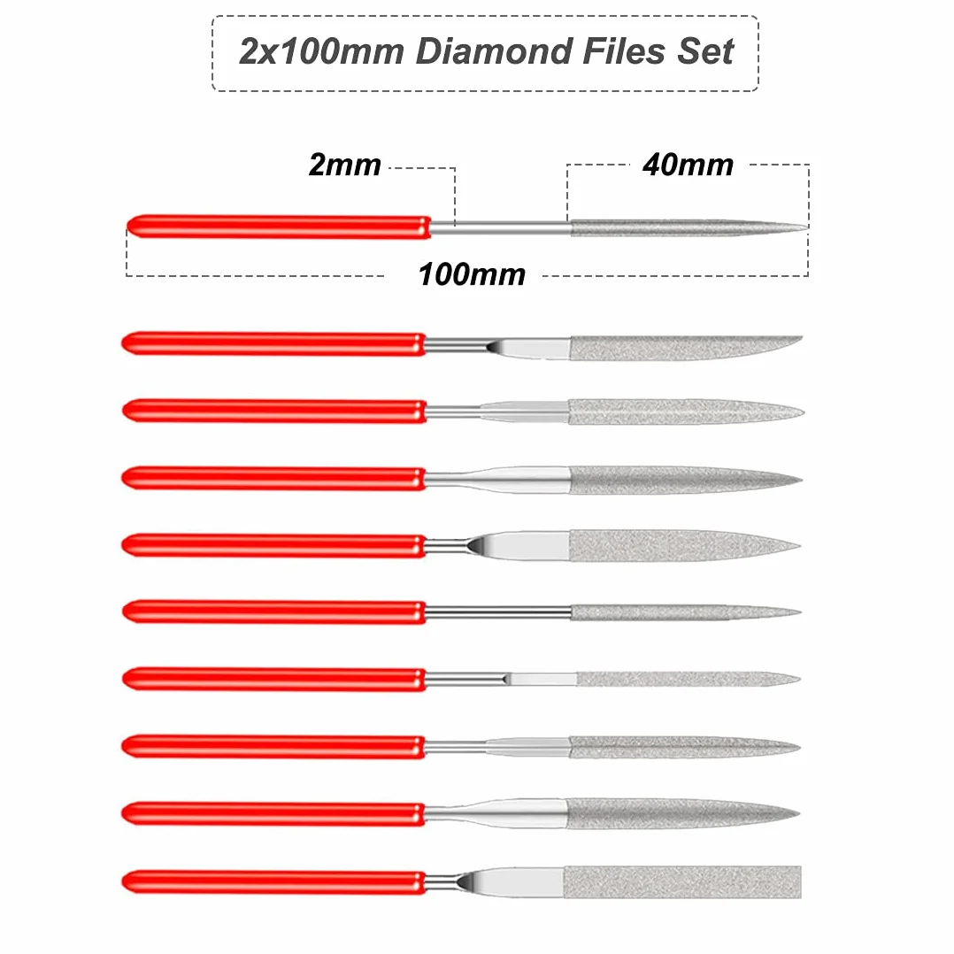 Zestaw mini pilników diamentowych, mini igieł, do biżuterii, metalu, szkła, kamienia, szlifowania, polerowania i grawerowania, 10 szt. (2 x 100 mm)