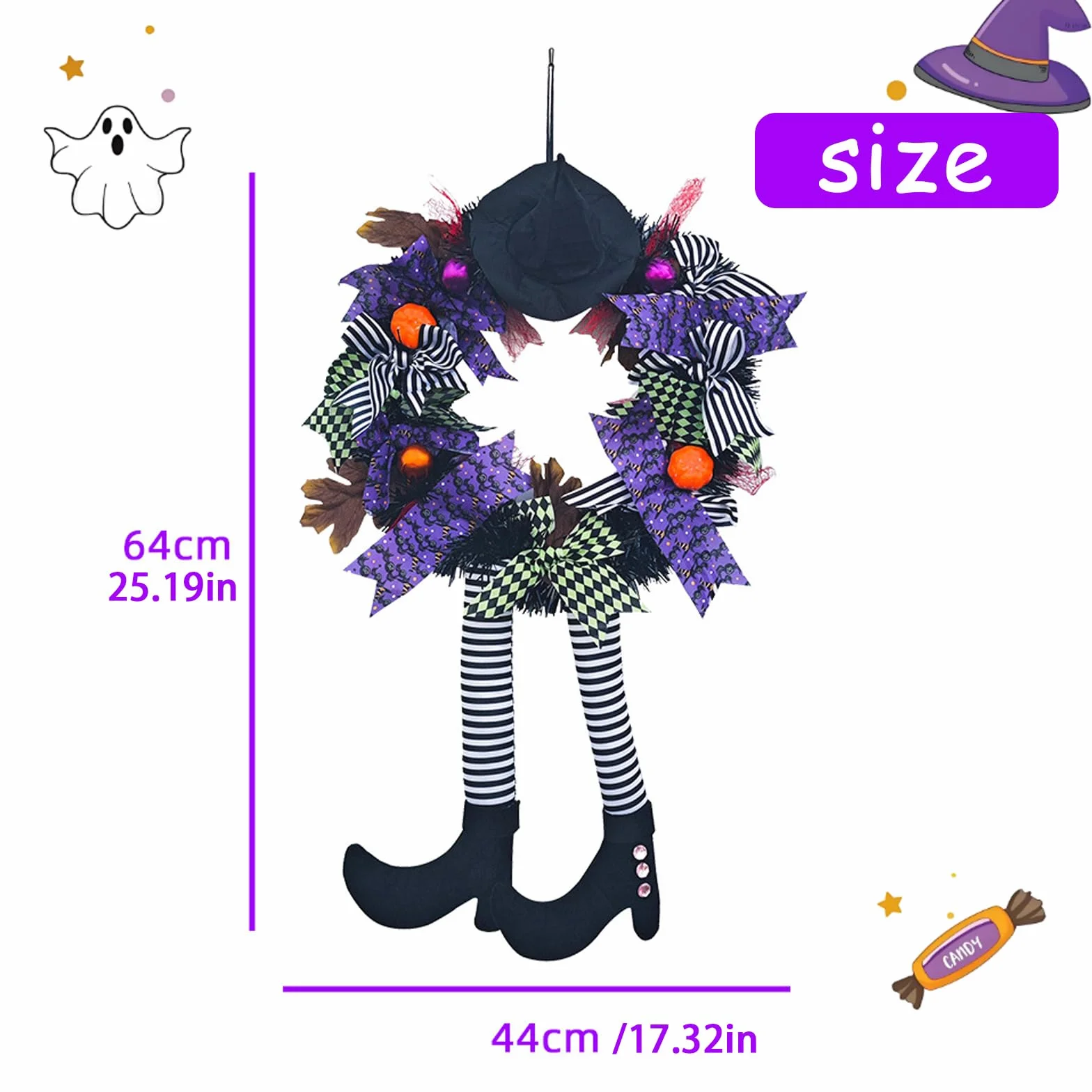GWAWG Wieniec halloweenowy na drzwi wejściowe, dekoracje na drzwi halloweenowe, kapelusz czarownicy i nogi wiszące nogi dynia liść klonu dekoracja unikalna dekoracja, do drzwi domu na zewnątrz