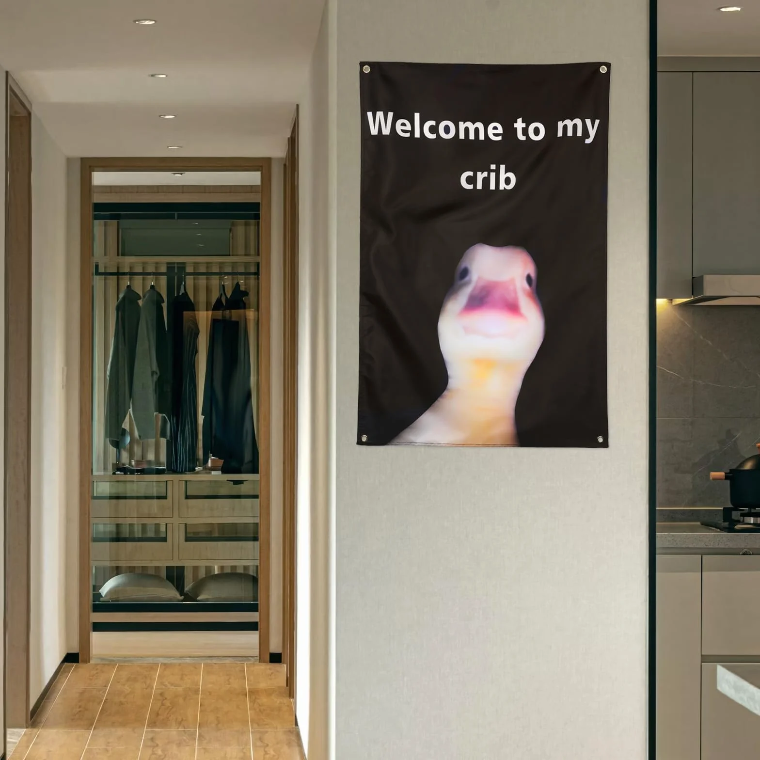 WY LIGHTING LEVEL Zabawna kaczka gobelin wiszące flagi poliester czarny 90 x 60 cm 'Welcome to My Crib Duck Face Backdrop Cute Cave Wall Flags z przelotkami do domu, akademika, na imprezę, ślub