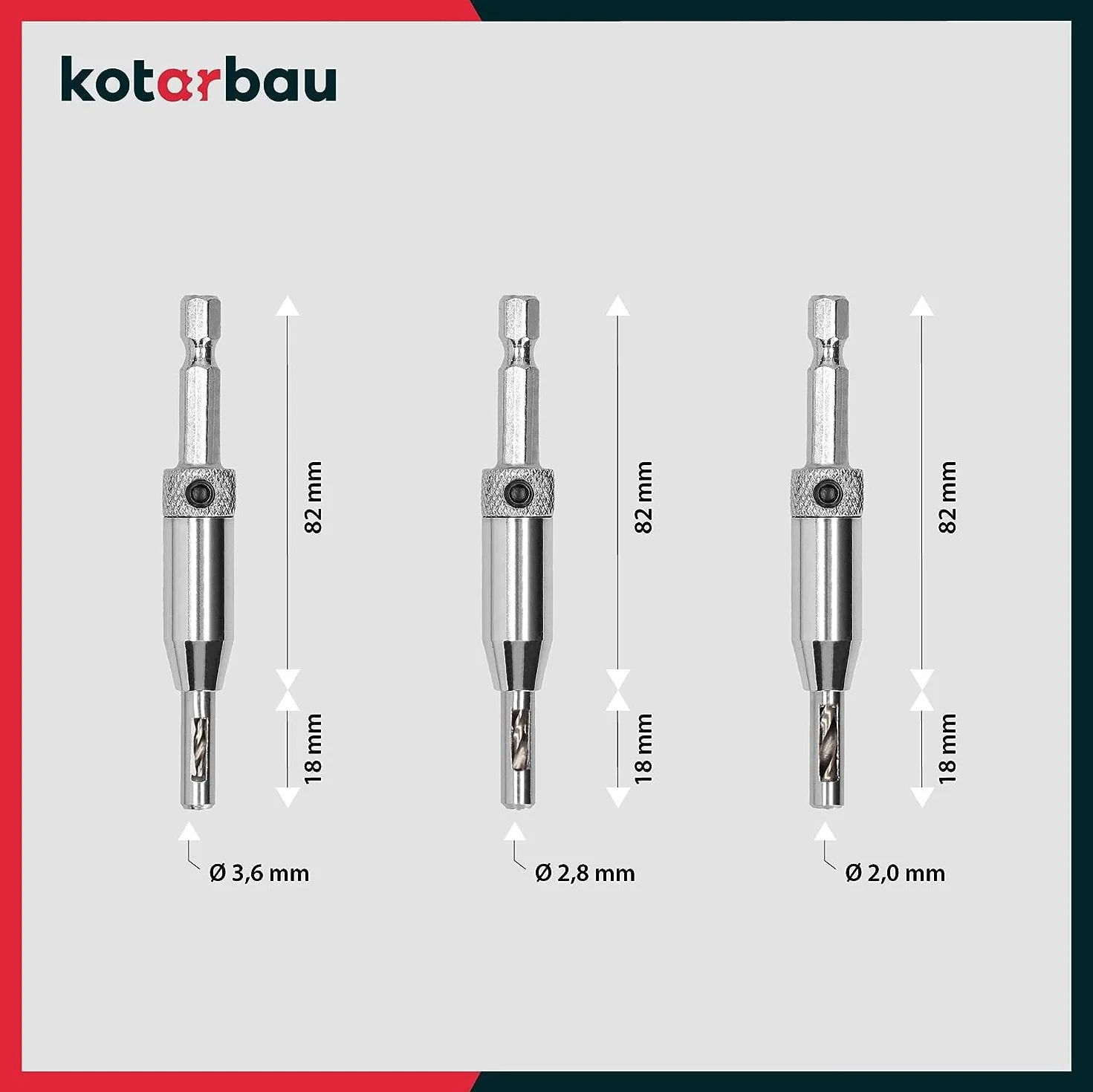 KOTARBAU® Zestaw 3 wierteł do zawiasów samocentrujących HSS stal zestaw 3-częściowy Ø 2 mm / Ø 2,8 mm / Ø 3,6 mm wiertło centrujące drewno 1/4 cala zestaw wierteł sześciokątnych