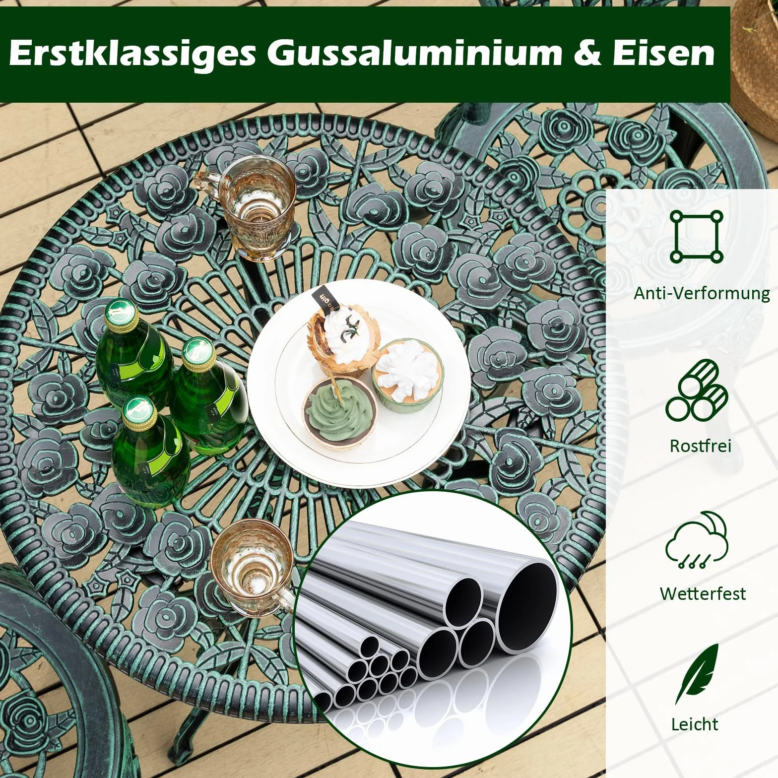COSTWAY 3-częściowy zestaw mebli ogrodowych, zestaw balkonowy z 2 krzesłami i stołem, meble balkonowe wykonane z odlewanego aluminium i żeliwa, meble tarasowe, zestaw ogrodowy, zestaw do siedzenia na