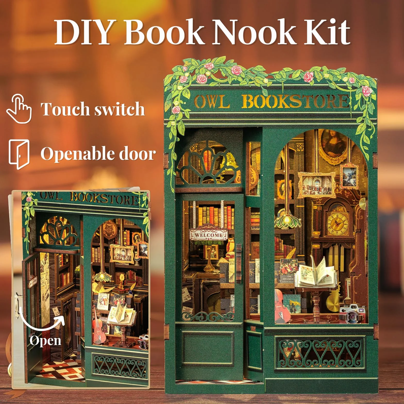 Fsolis Book Nook DIY, domki dla lalek zestaw książek, dekoracja regału na książki, zestawy modelarskie dla dorosłych do budowania, Bardzo popularny kreatywny prezent (Owl Bookstore)